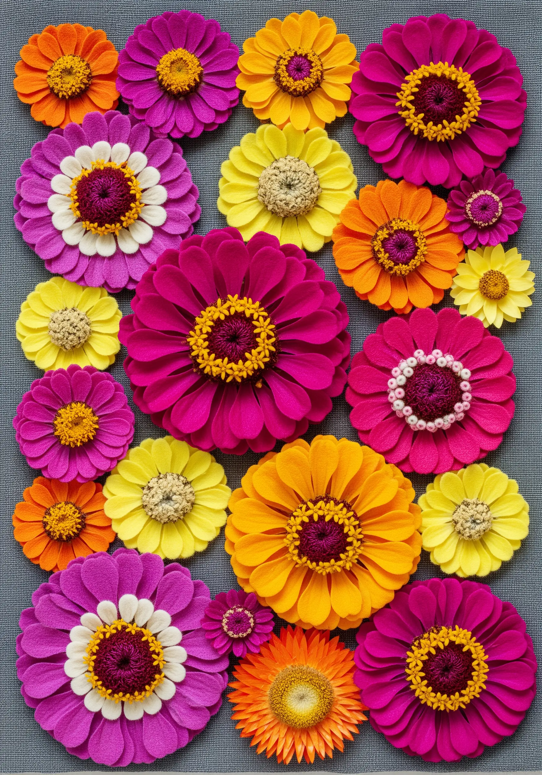 A dense collection of colorful zinnia flowers made from layered and cut felt circles.