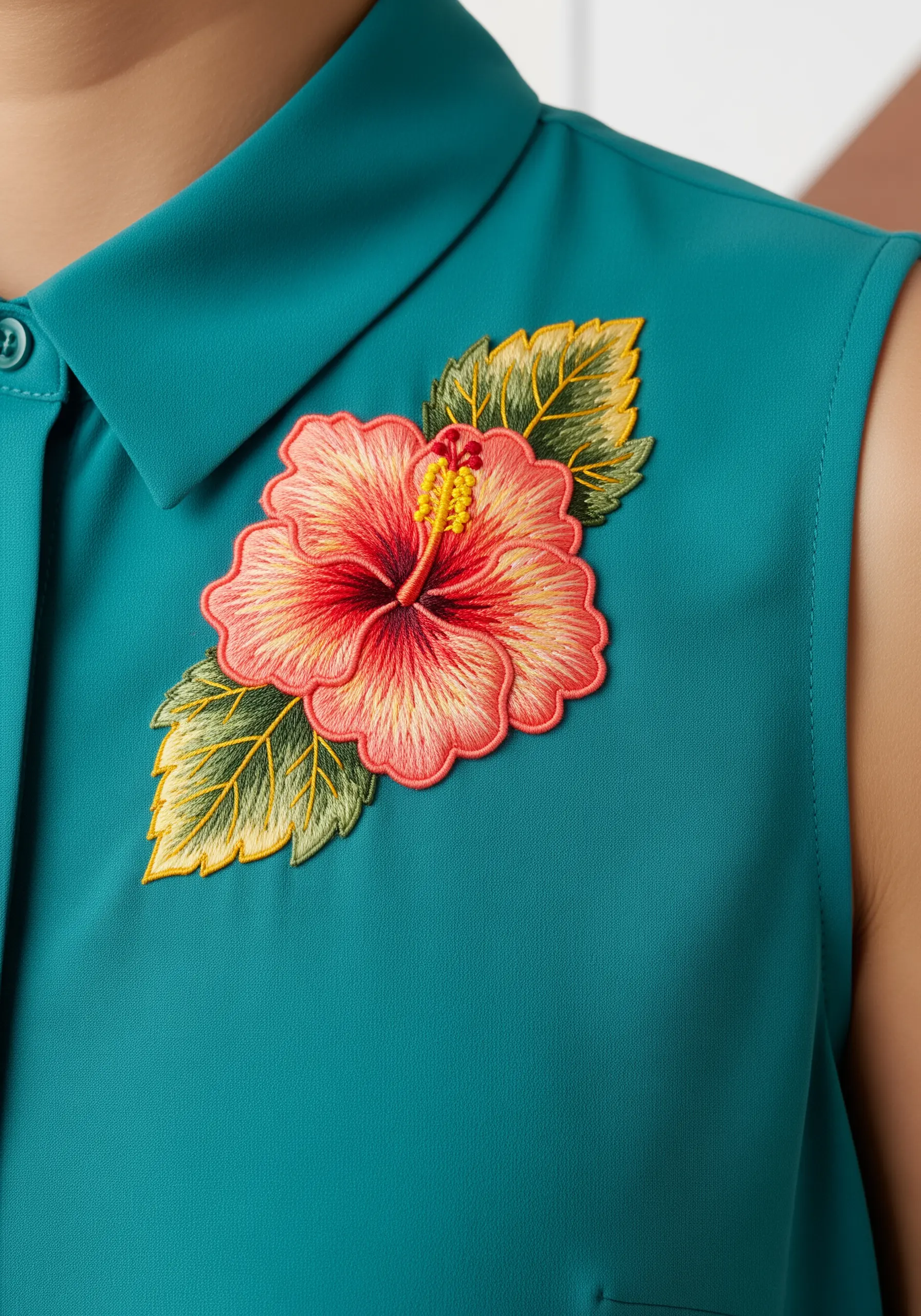 A realistic, thread-painted hibiscus flower with yellow and pink gradients on a teal shirt.