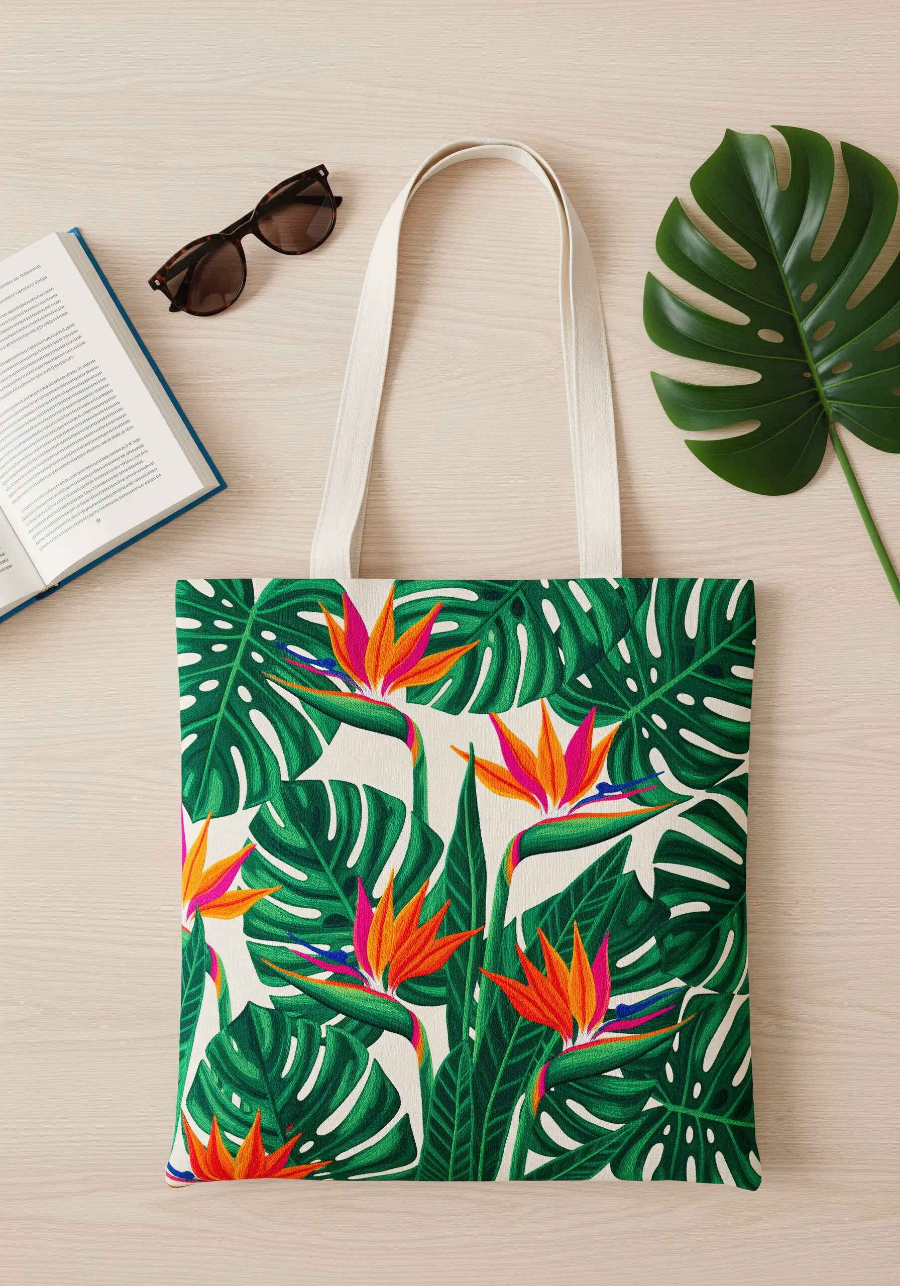 A tote bag with a bold, embroidered pattern of monstera leaves and Bird of Paradise flowers.