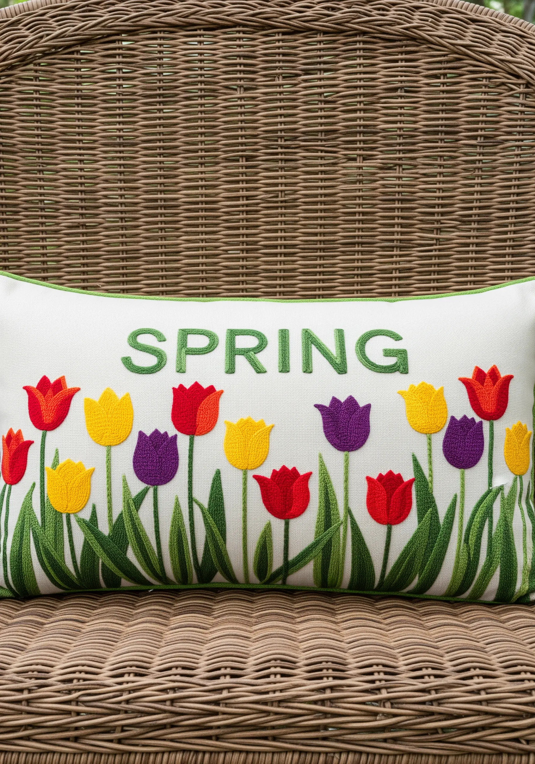 Boldly embroidered tulips in red, yellow, and purple on a lumbar pillow.