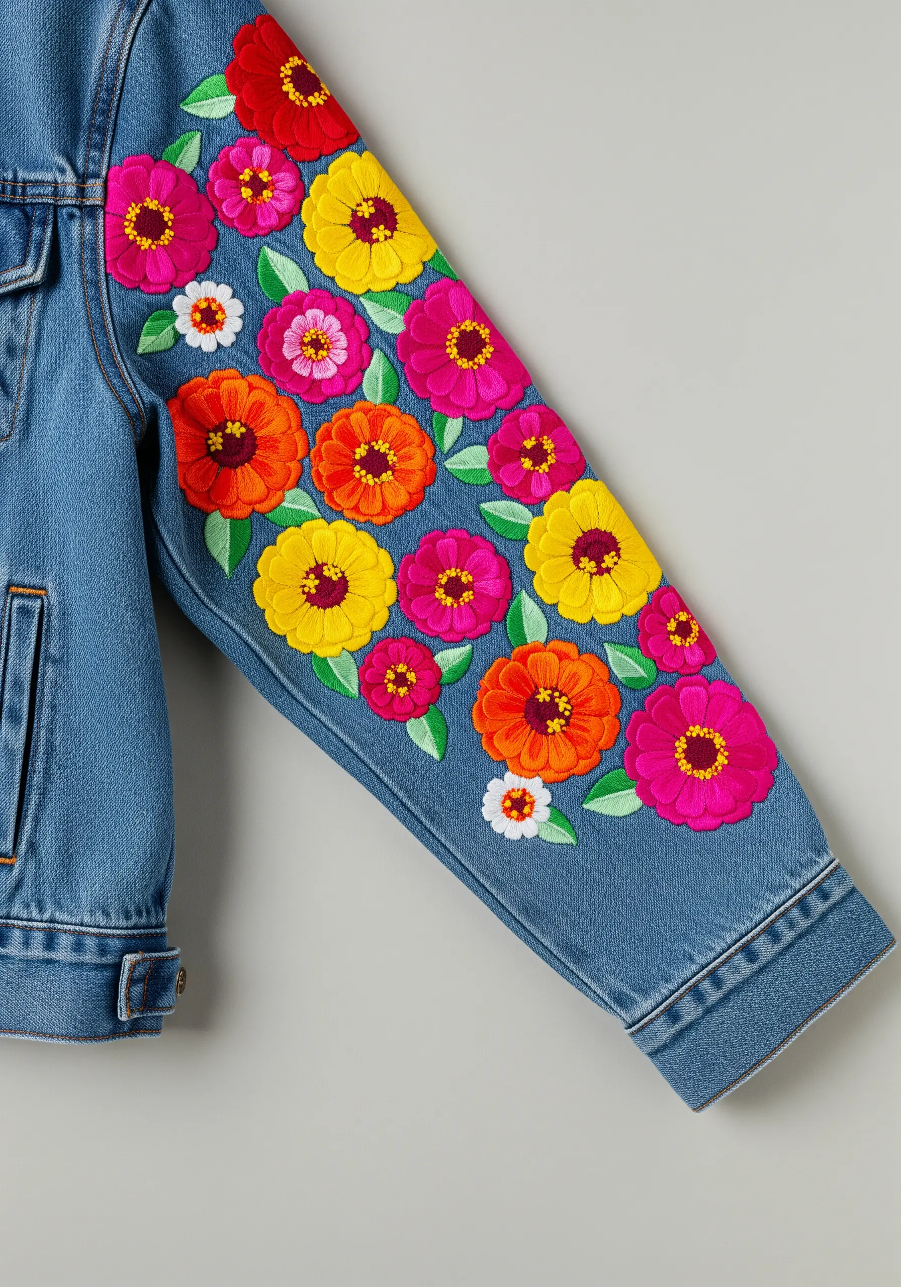 A colorful sleeve completely covered in bright pink, orange, and yellow zinnia flowers.