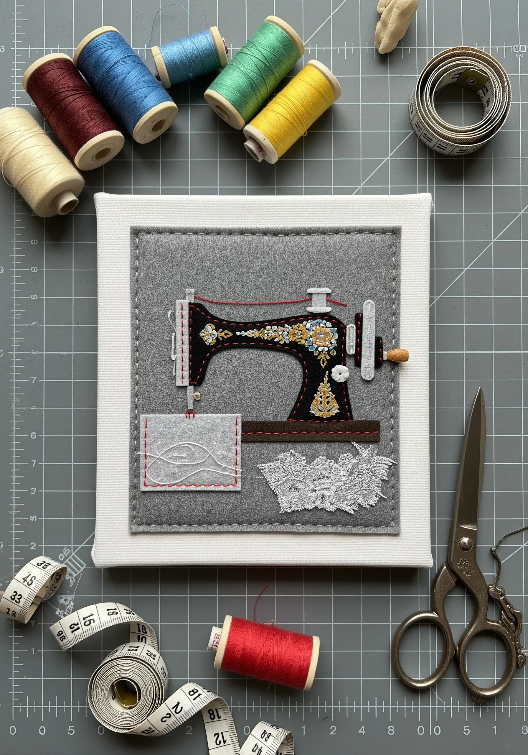 A detailed fabric collage of a vintage sewing machine made from felt and lace scraps.