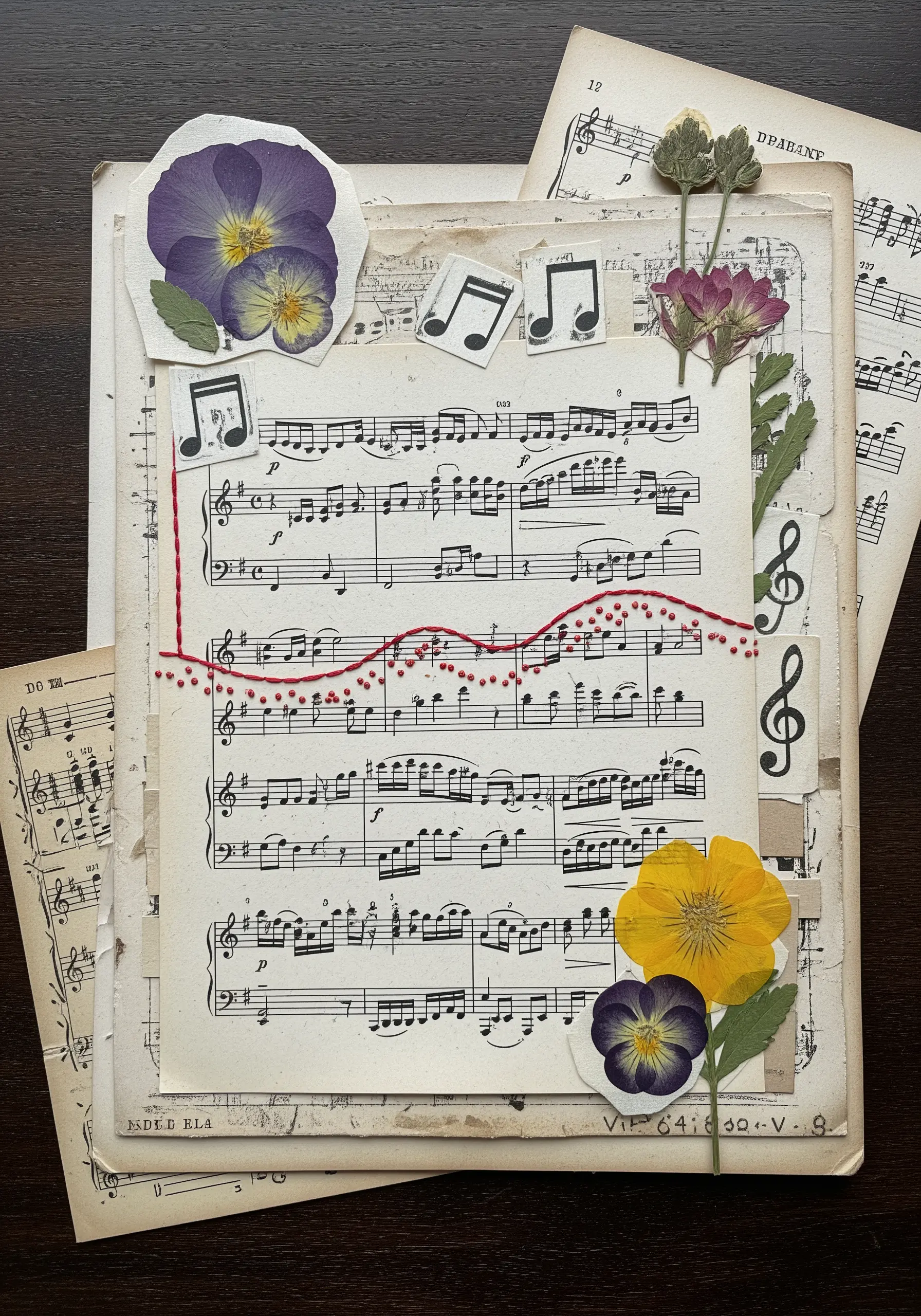 A collage of sheet music with a flowing red embroidered line representing the melody.