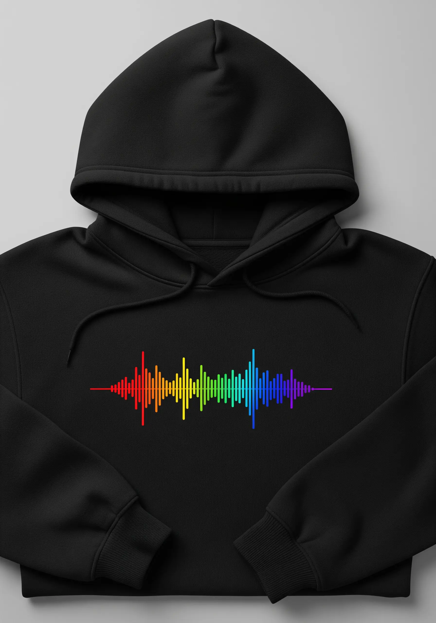 A rainbow-colored soundwave embroidered across the chest of a black hoodie.