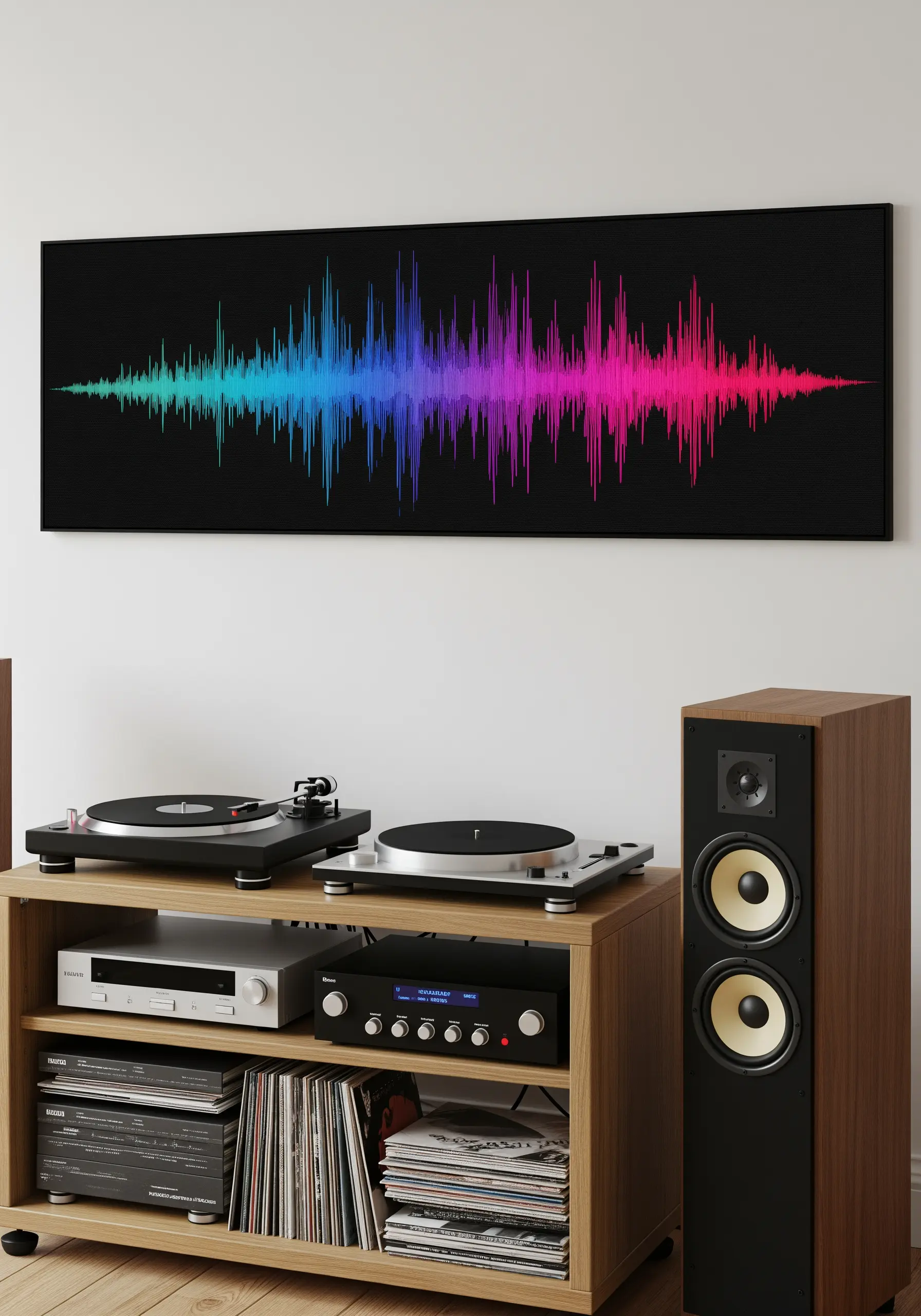 A long, framed embroidery of a soundwave in a blue, purple, and pink gradient.