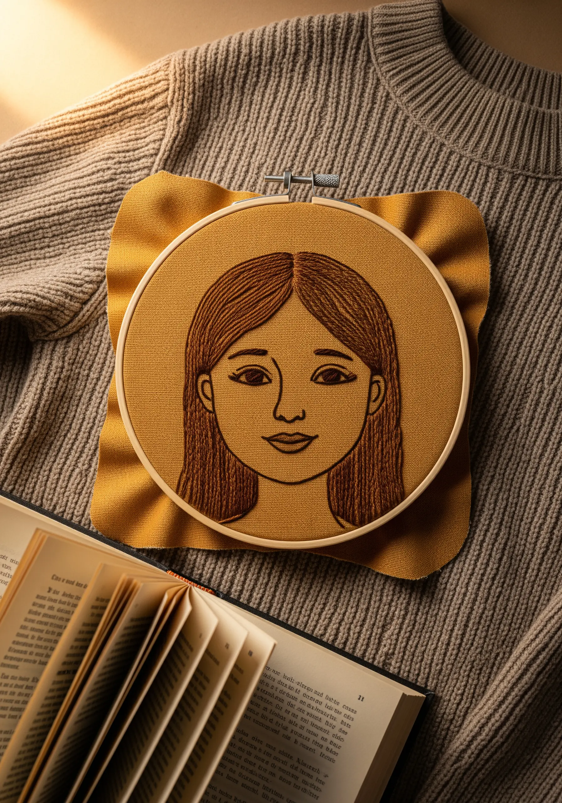 A silhouette's head is filled with embroidered musical notes, swirls, and clefs.