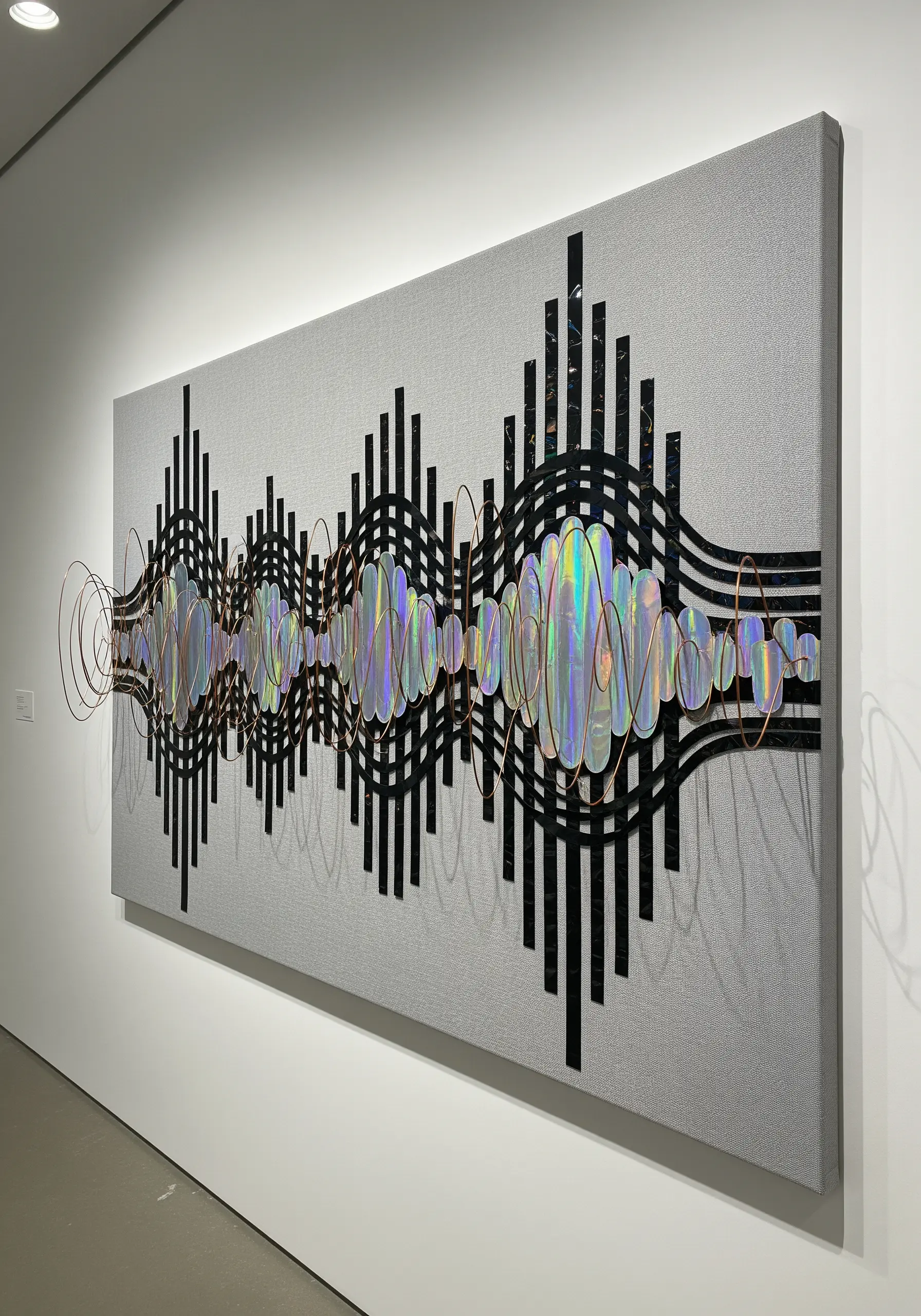 A modern wall art piece visualizing a soundwave with black shapes, iridescent film, and wire.