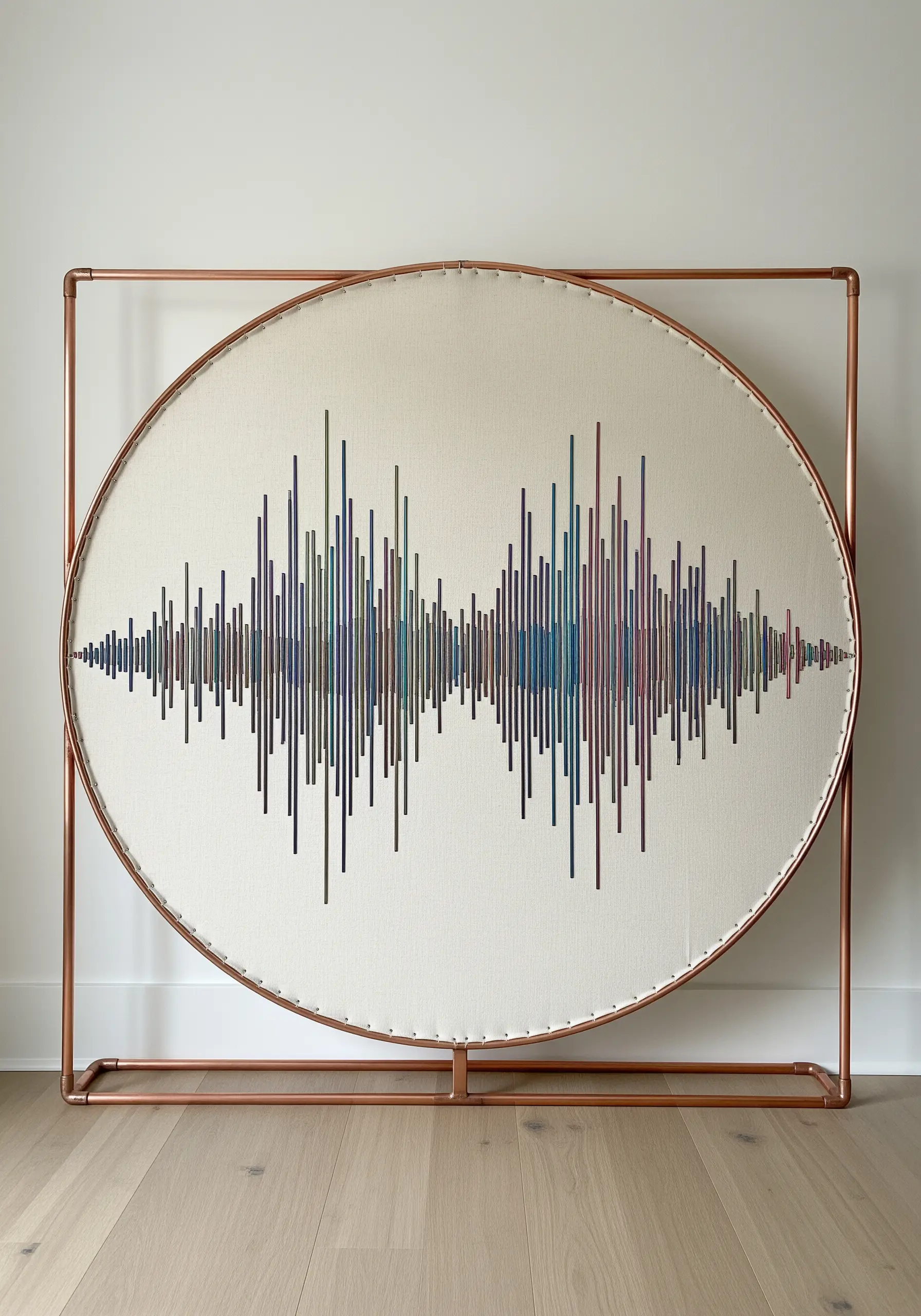 A large circular embroidery of a soundwave in multi-colored metallic threads, mounted in a copper frame.