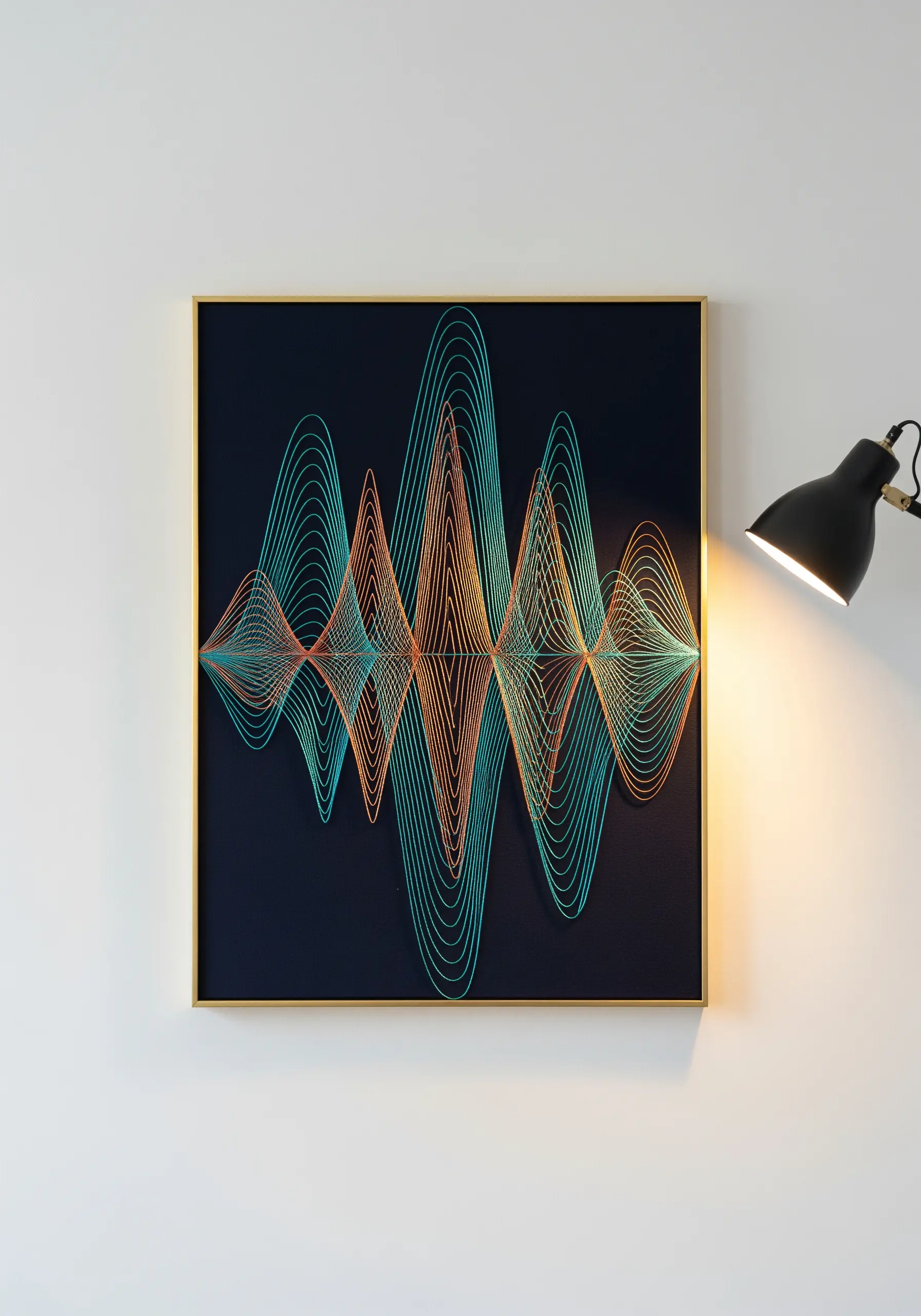Abstract soundwave patterns in overlapping teal and orange threads on a black background.