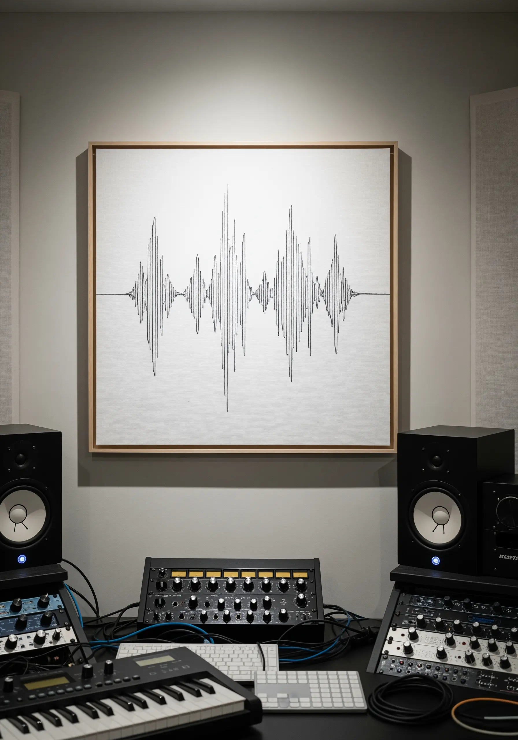 Minimalist embroidery of a black audio waveform on a white canvas.