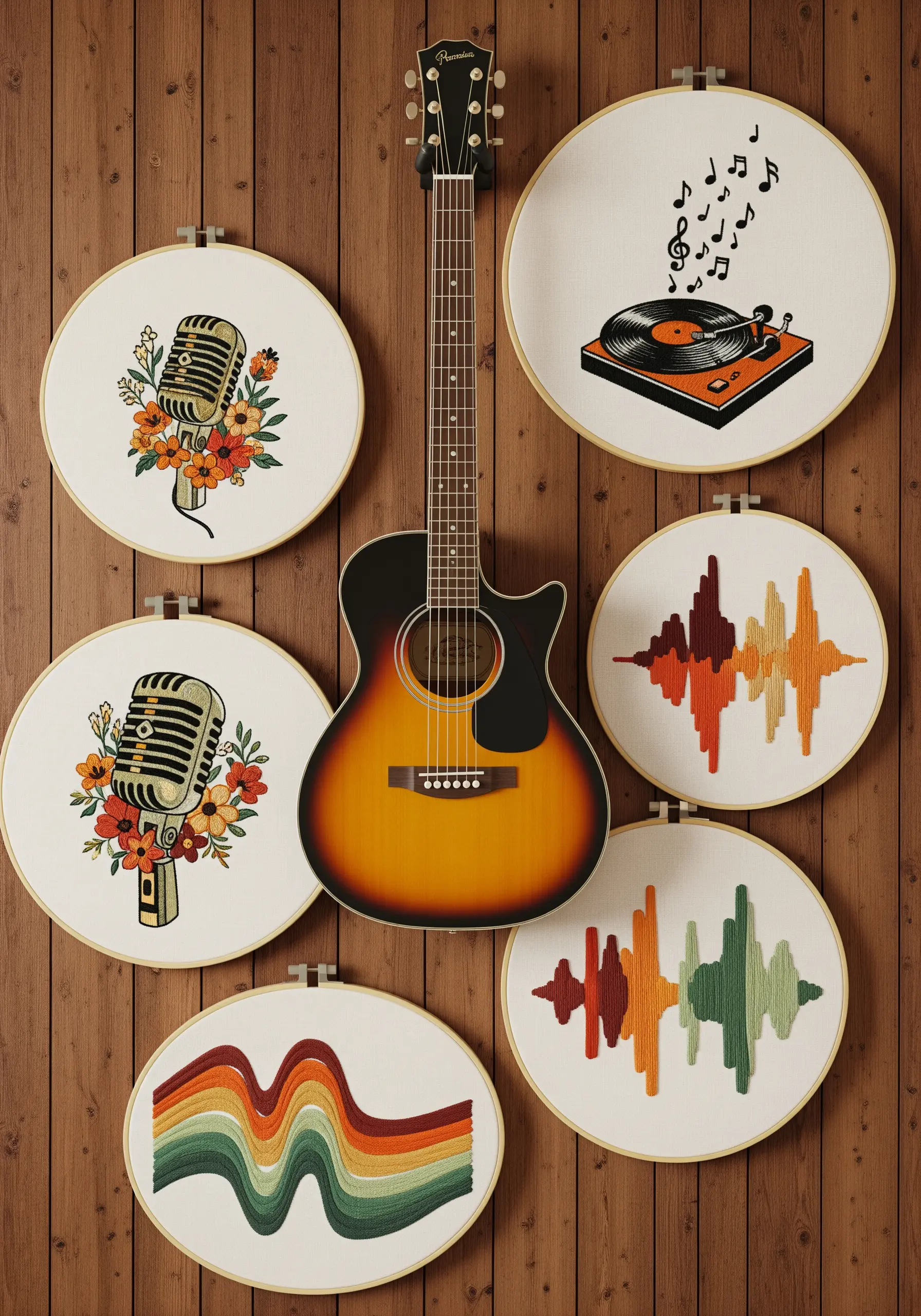 A collection of music-themed embroidery hoops with microphones, a record player, and abstract soundwaves.