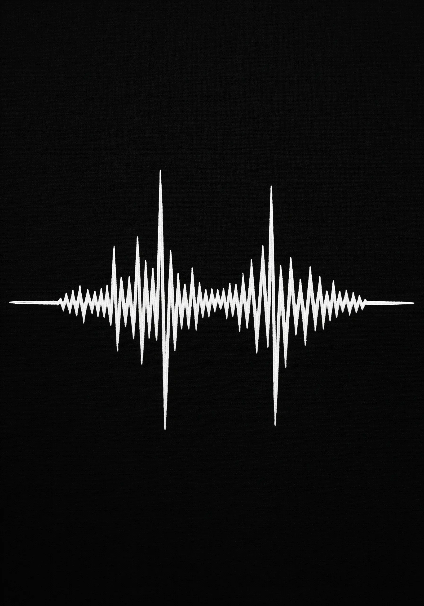 A precise white soundwave embroidered on a solid black background.