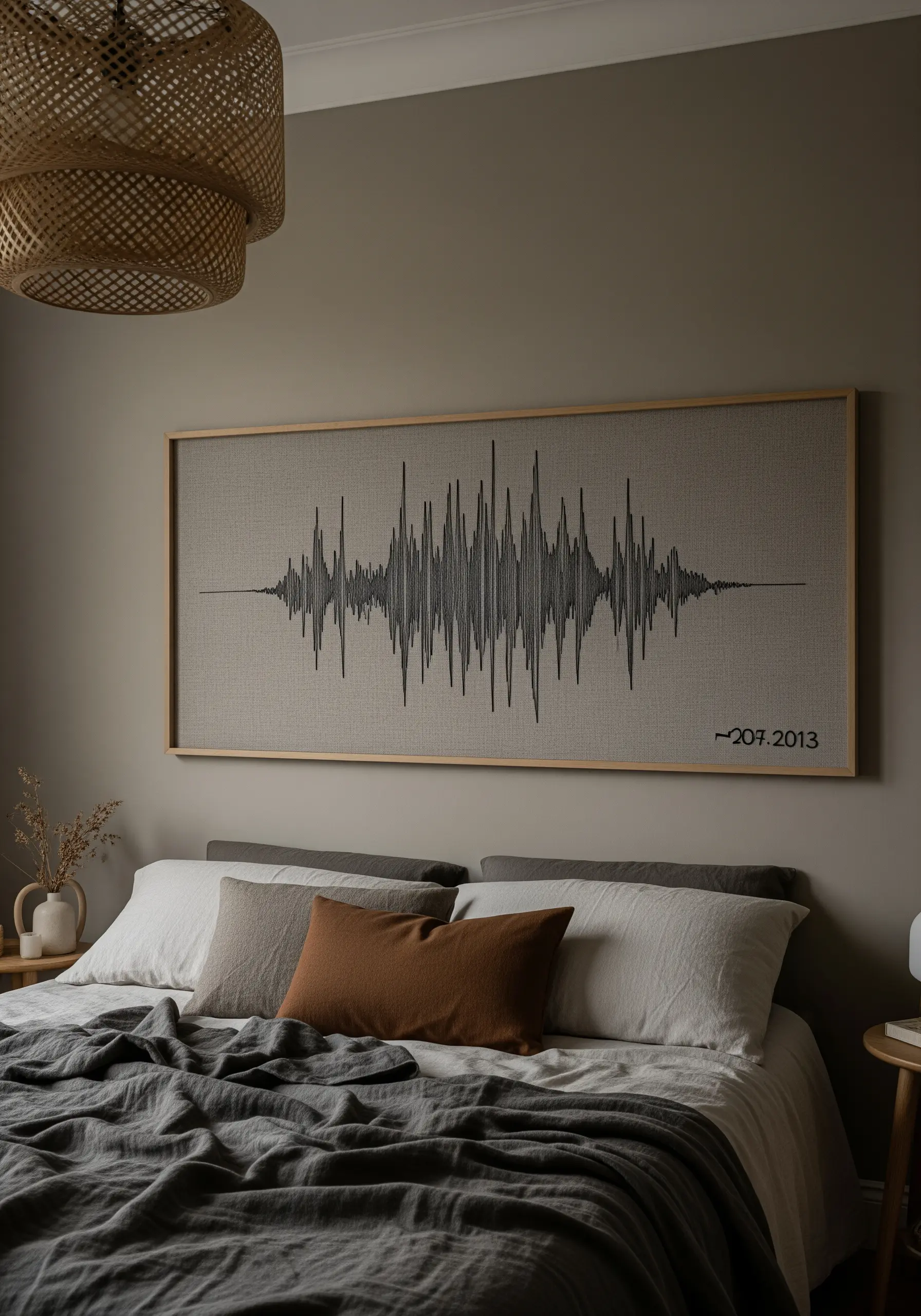 Large framed embroidery of a soundwave pattern on neutral linen fabric.