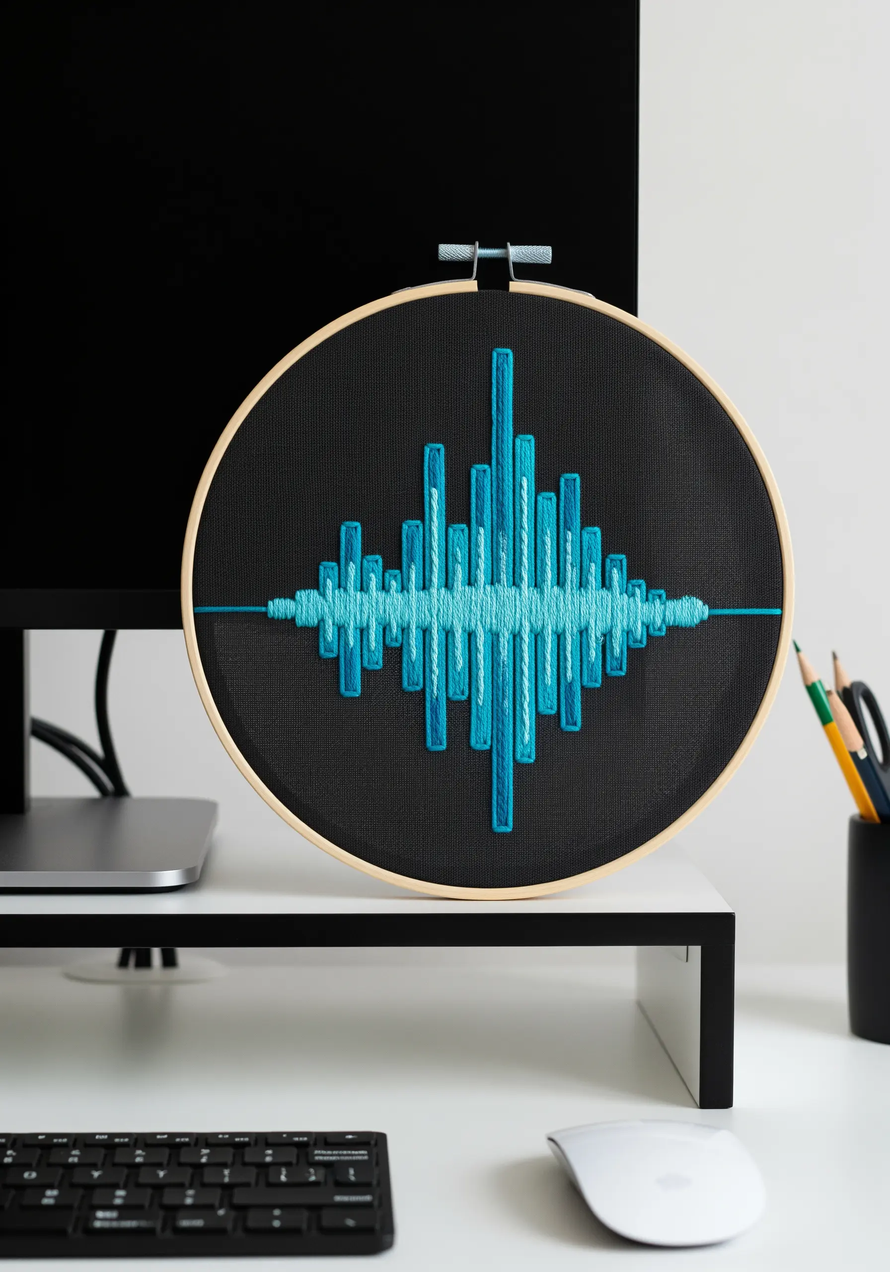 Soundwave pattern embroidered in shades of blue on black fabric.