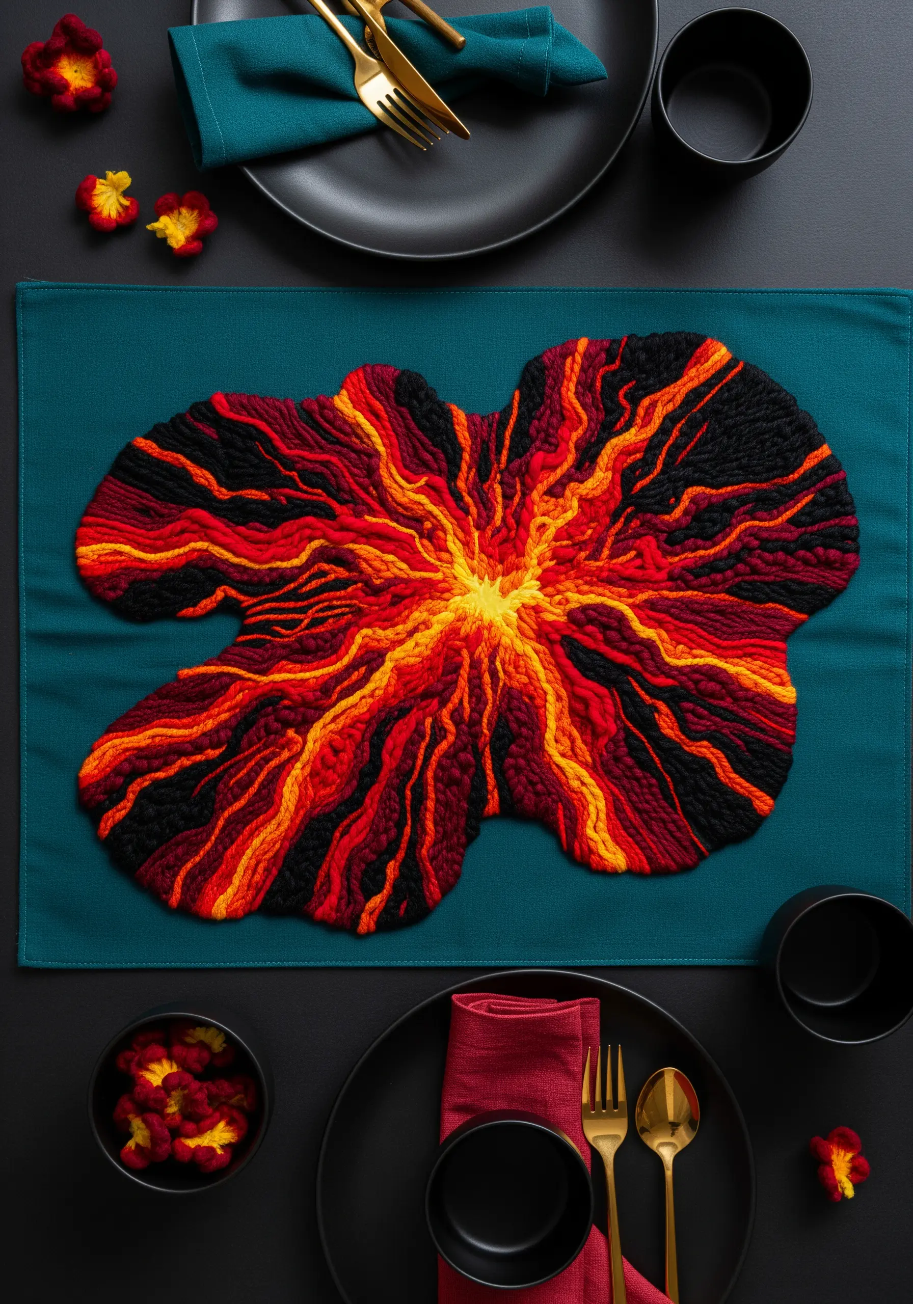 Abstract embroidery resembling a volcanic eruption with red, orange, and black threads