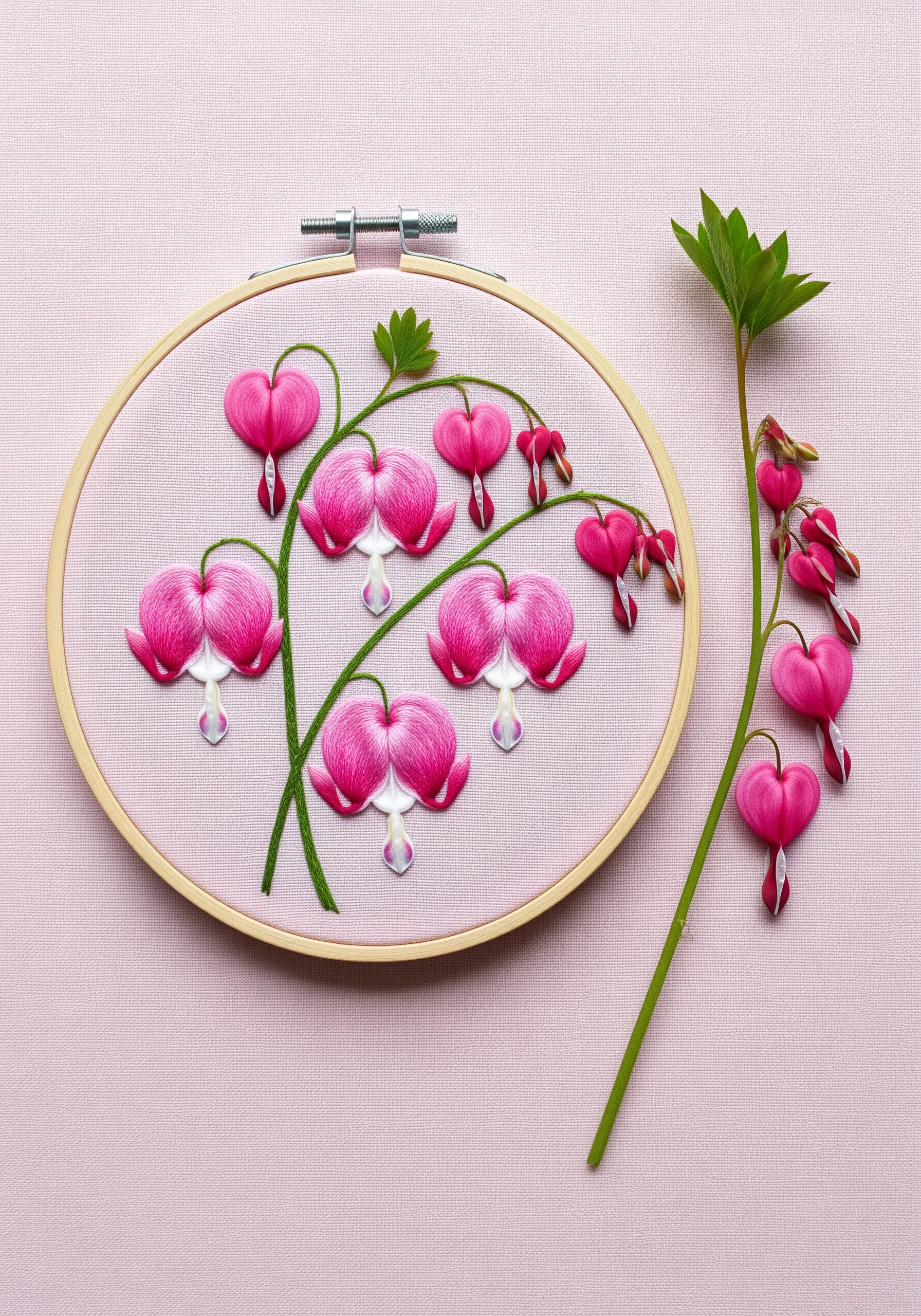 Plump, 3D embroidered bleeding hearts using padded satin stitch on pink fabric.