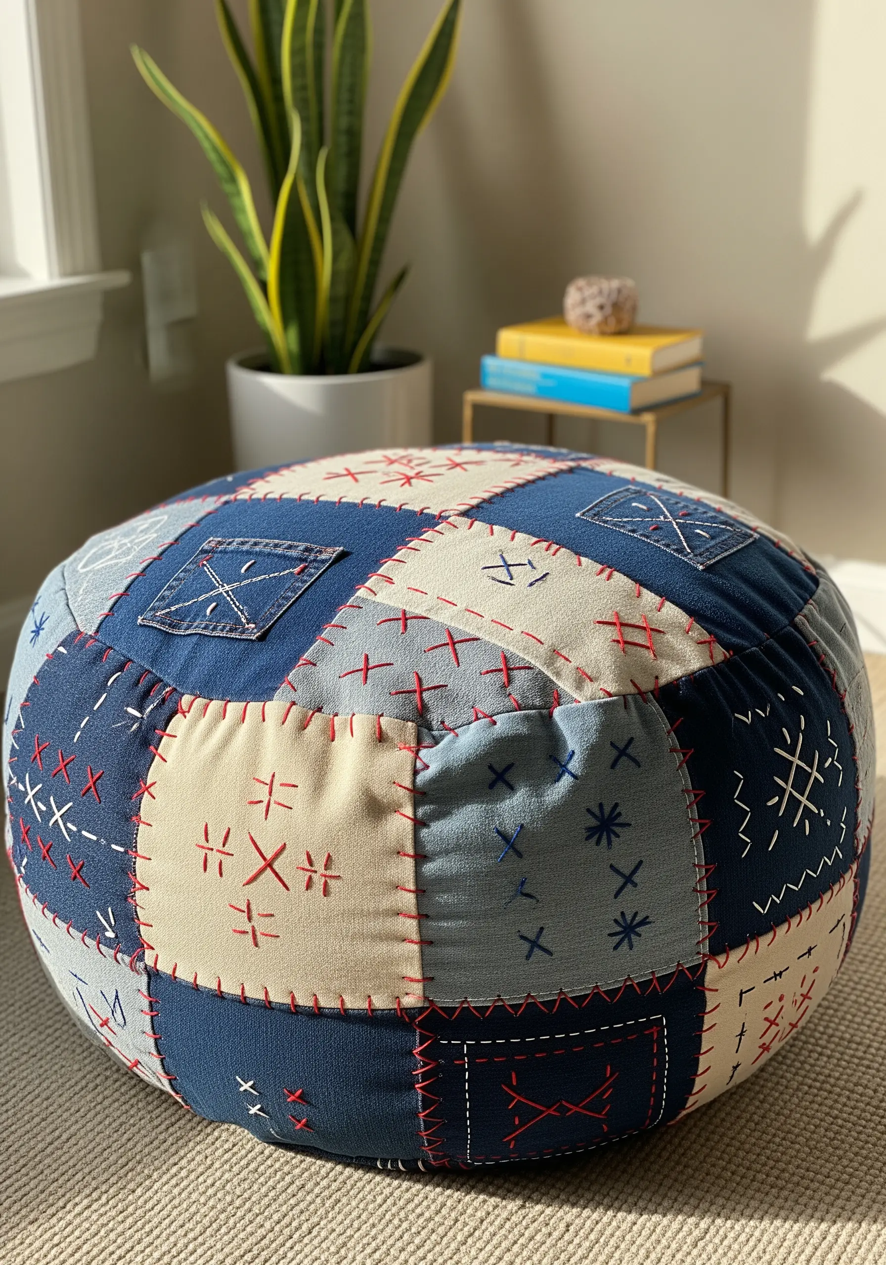 Patchwork floor pouf made of blue and cream fabrics with decorative red Sashiko stitches.