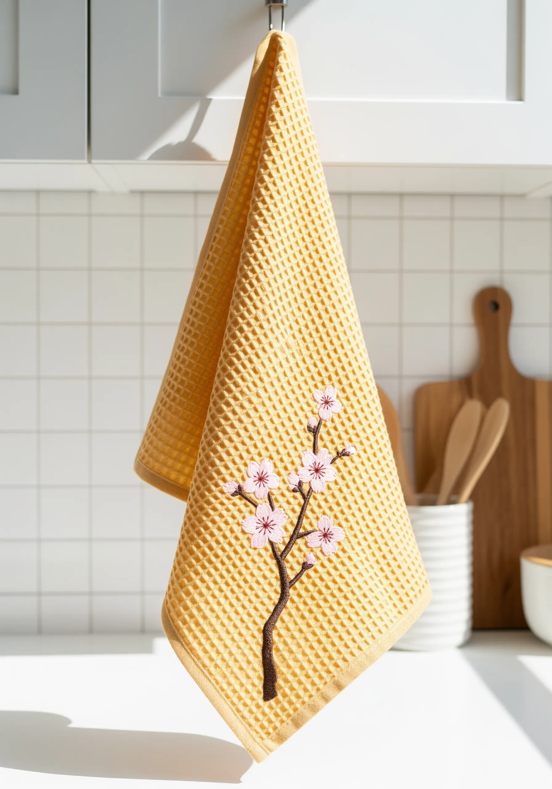 A simple cherry blossom branch embroidered on a yellow waffle weave kitchen towel.