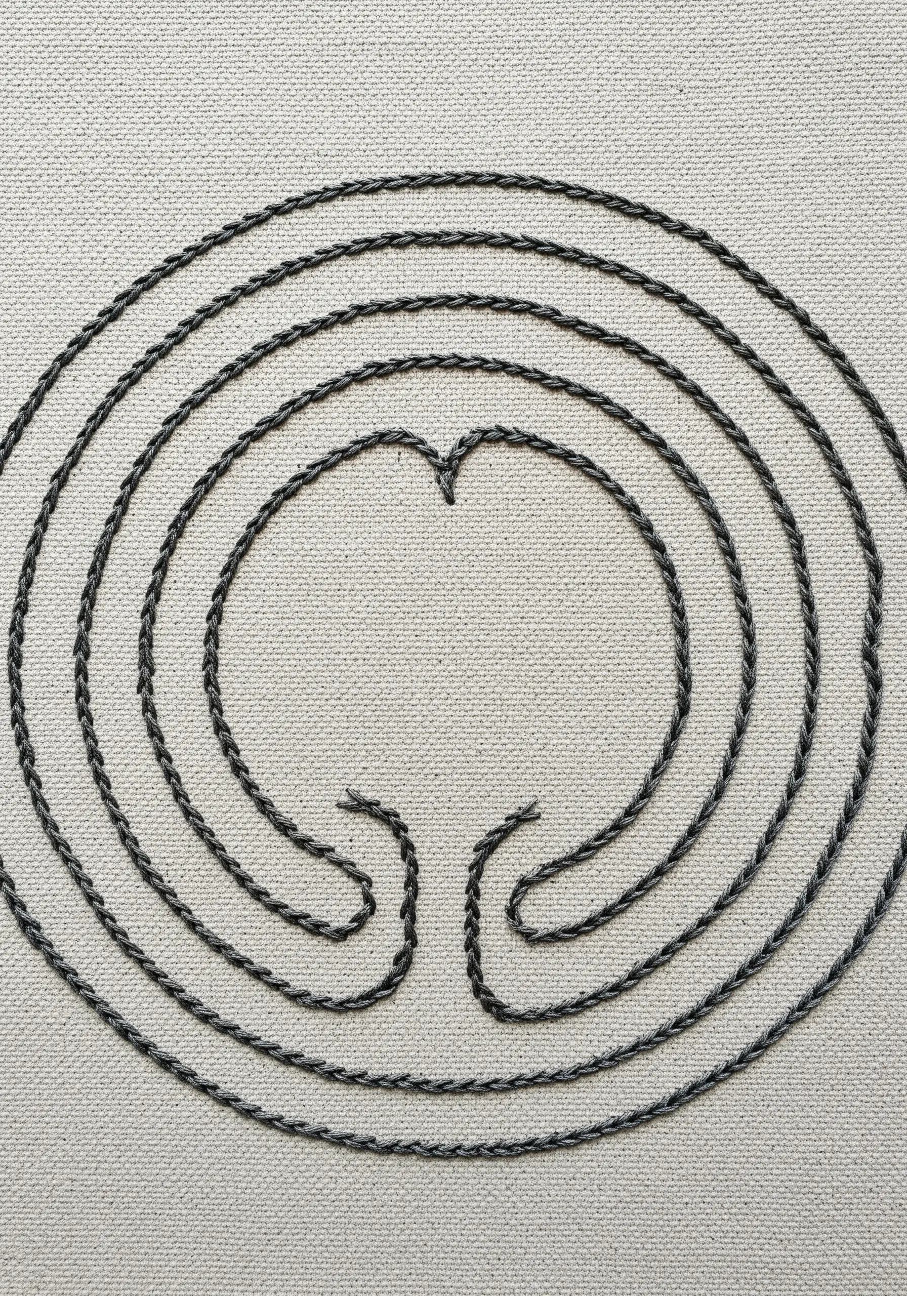 A stitched labyrinth with a heart shape in the center, on neutral fabric.