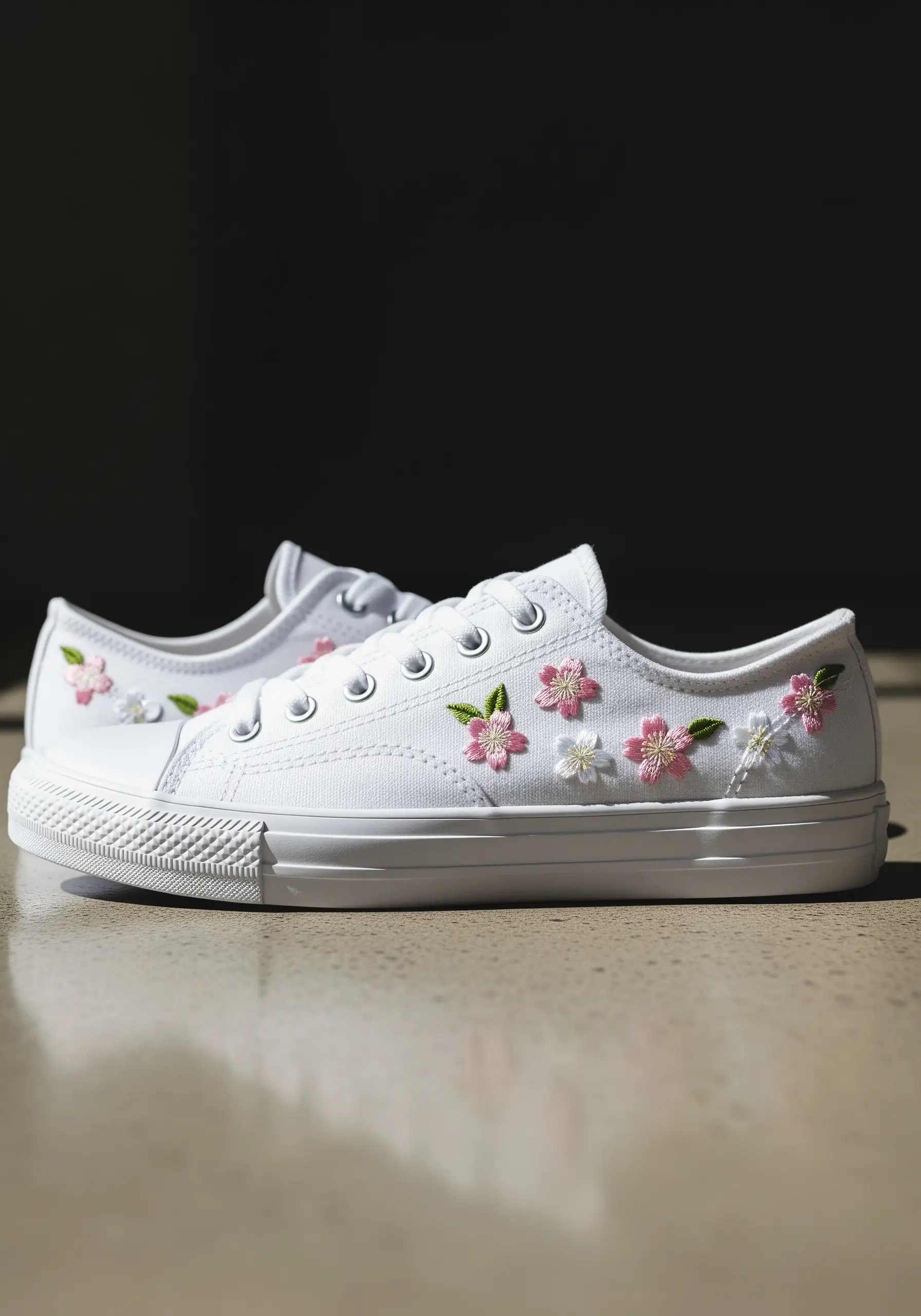 Scattered cherry blossom embroidery on the sides of white canvas sneakers.
