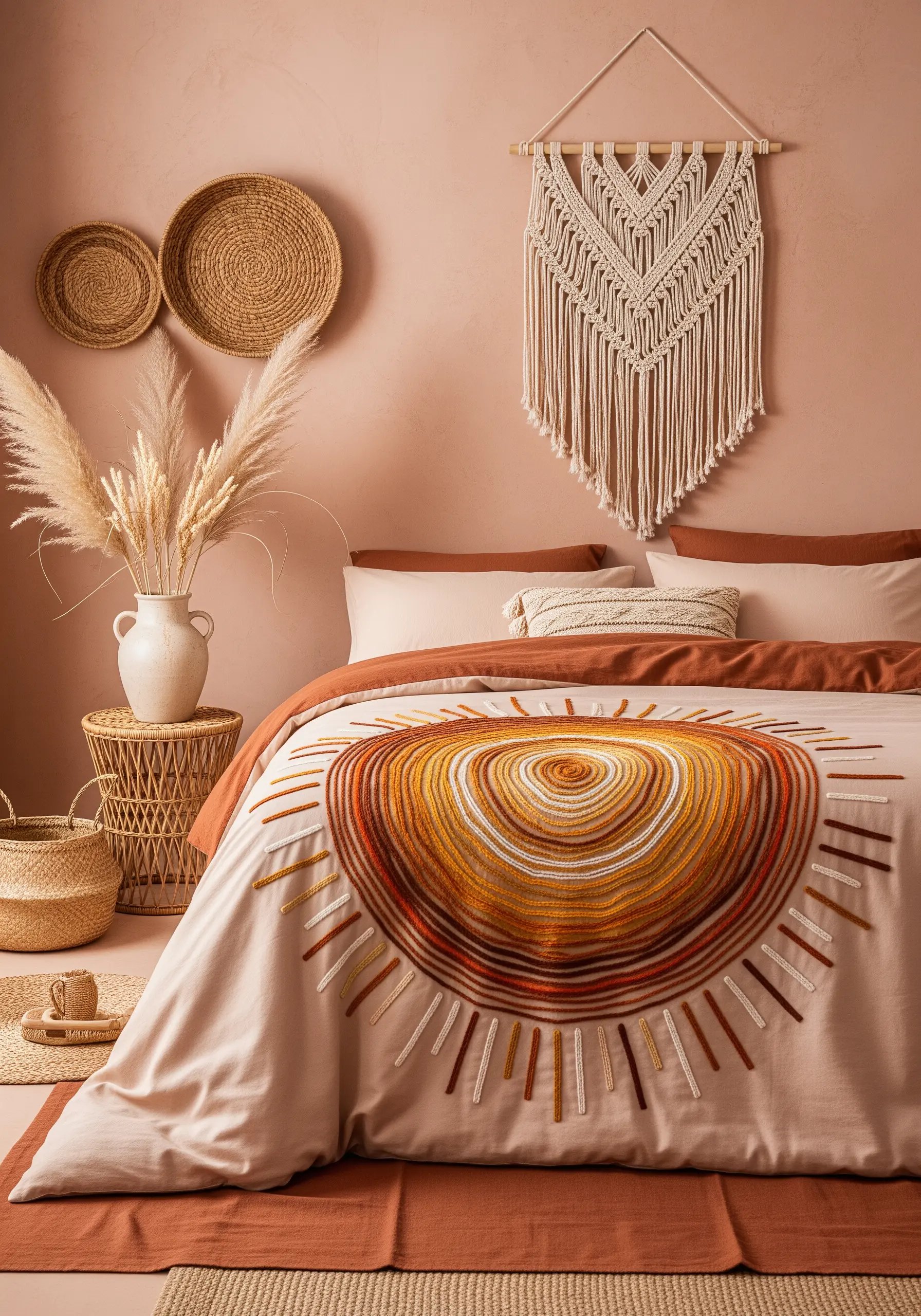 A large sun motif embroidered on a duvet with a warm color gradient from yellow to terracotta.