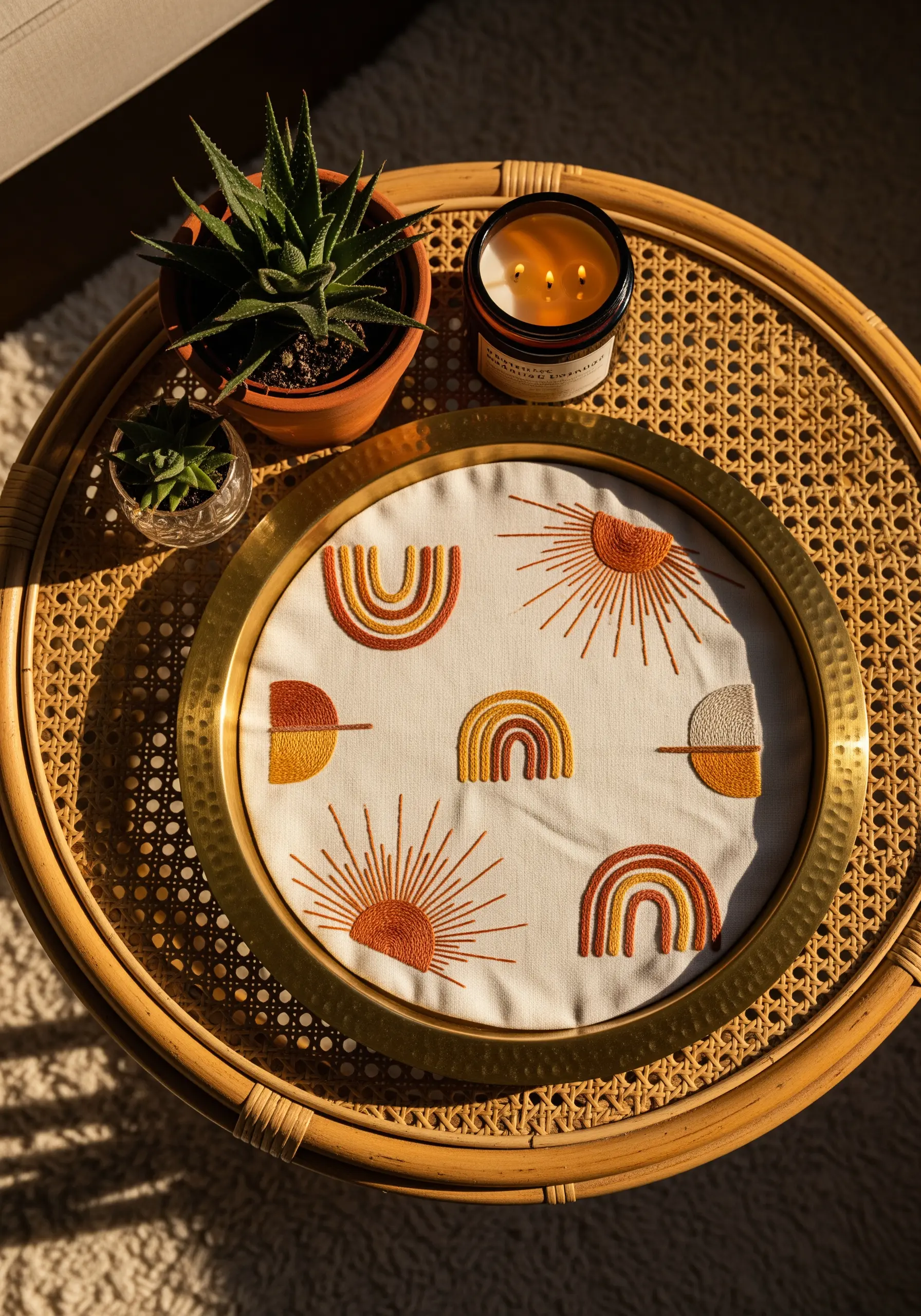 Embroidered tray insert with boho-style suns and rainbows in satin stitch.