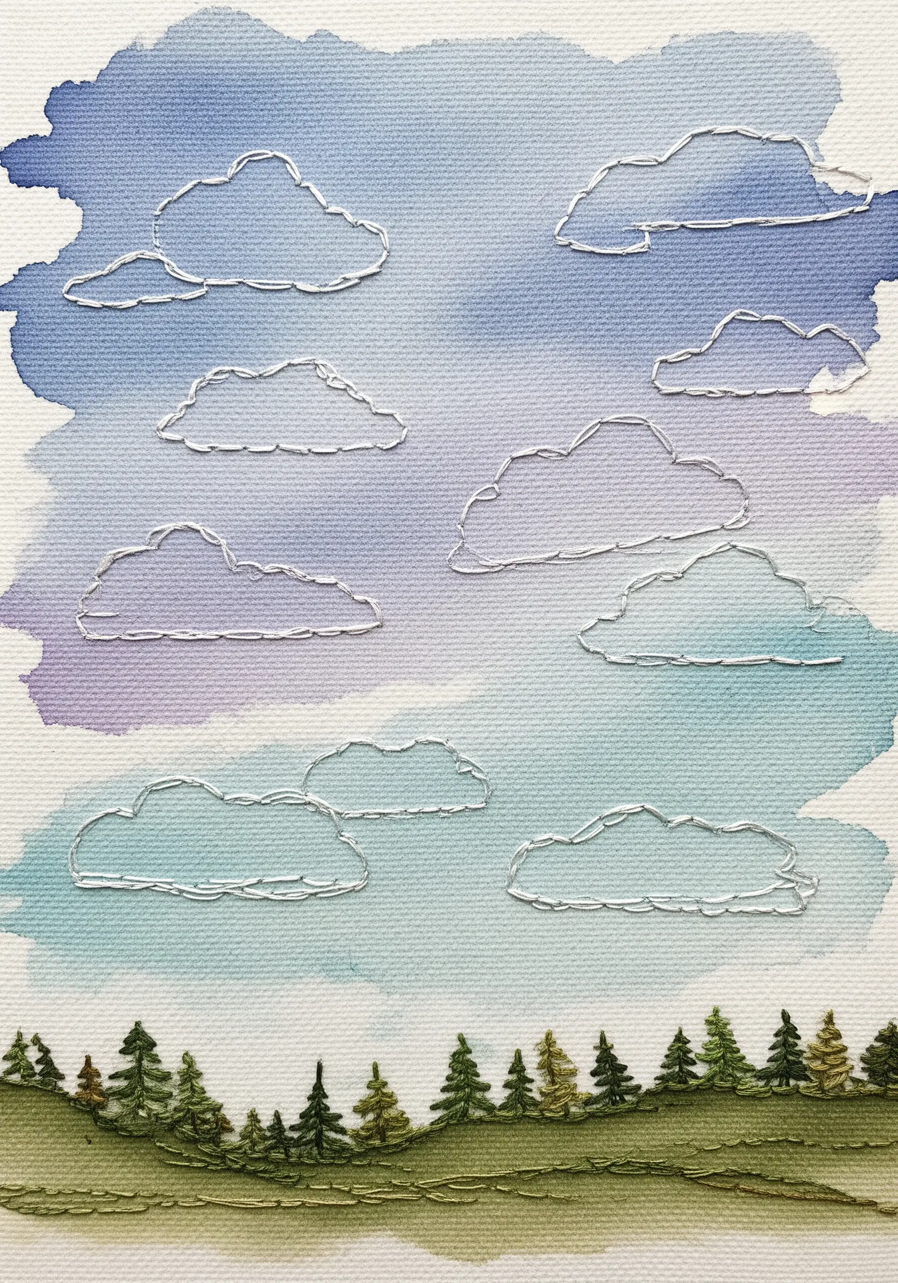 Watercolor painted sky with stitched white cloud outlines