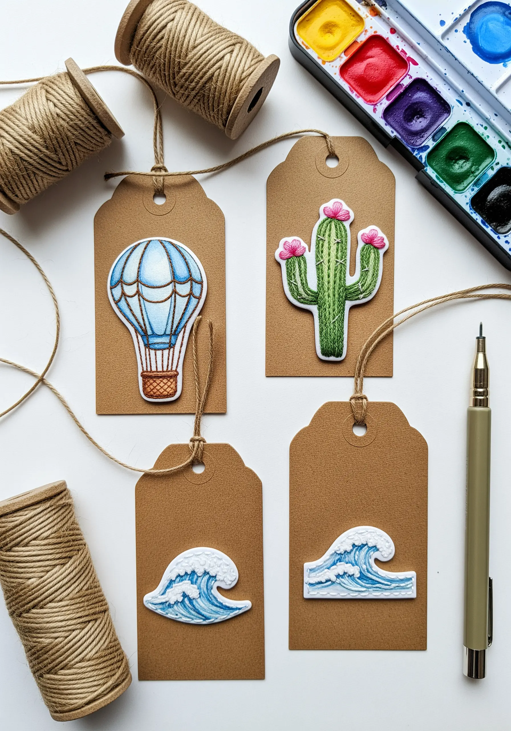 Watercolor illustrations of a cactus, wave, and hot air balloon on paper tags.