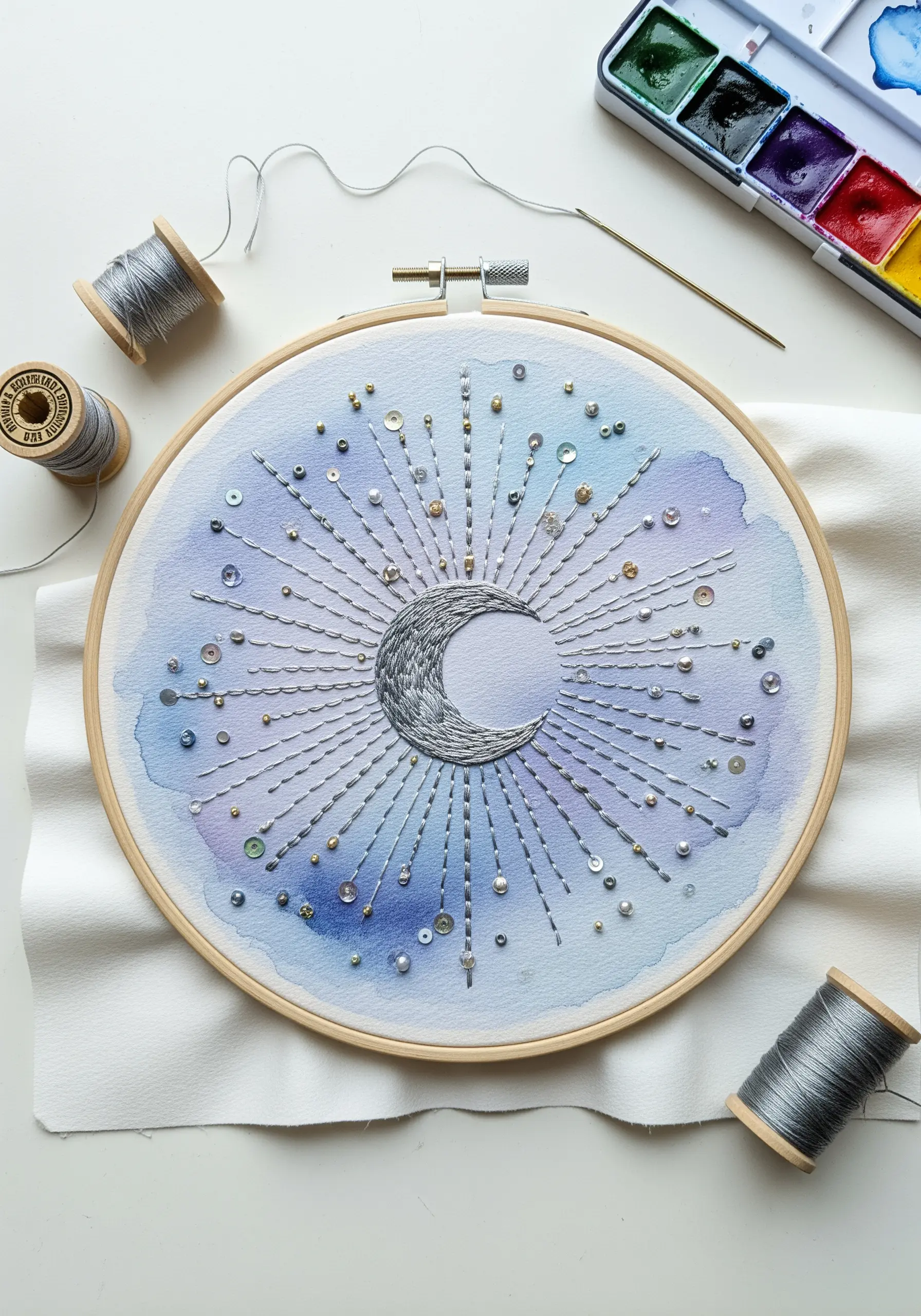 Embroidered crescent moon on a watercolor background with beads and sequins.