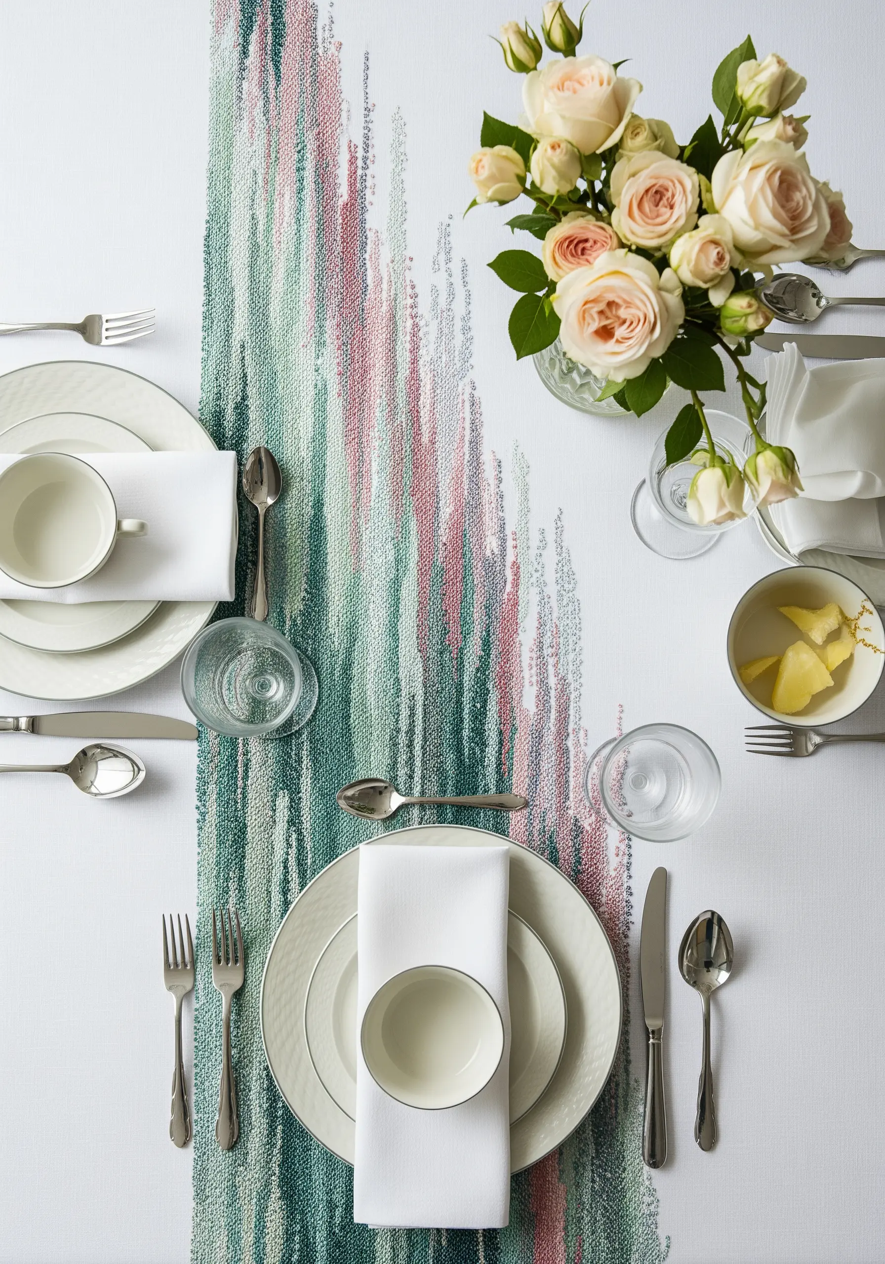 Table runner with vertical embroidery in pink and green, resembling watercolor strokes