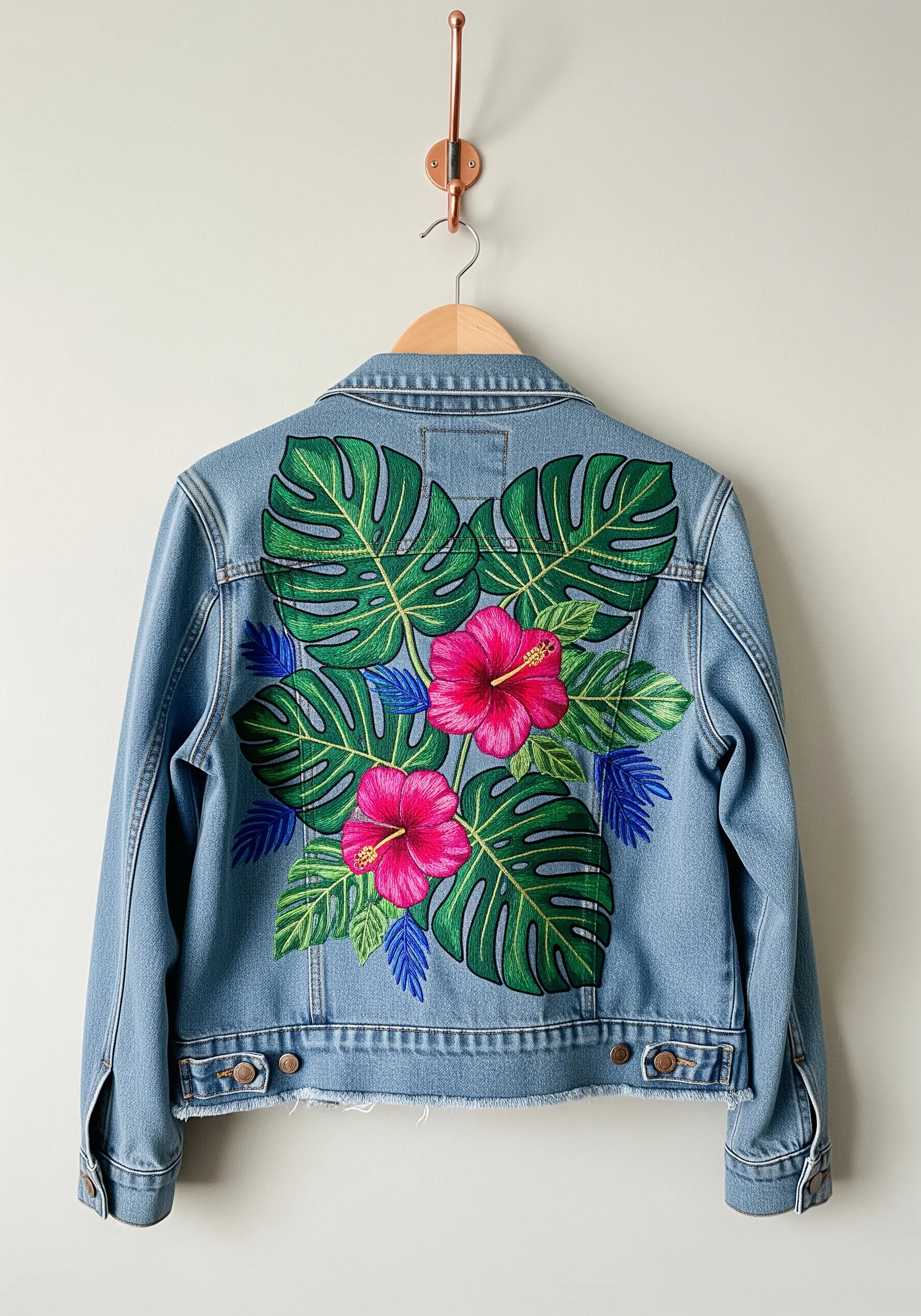 Denim jacket with embroidered tropical monstera leaves and hibiscus flowers.