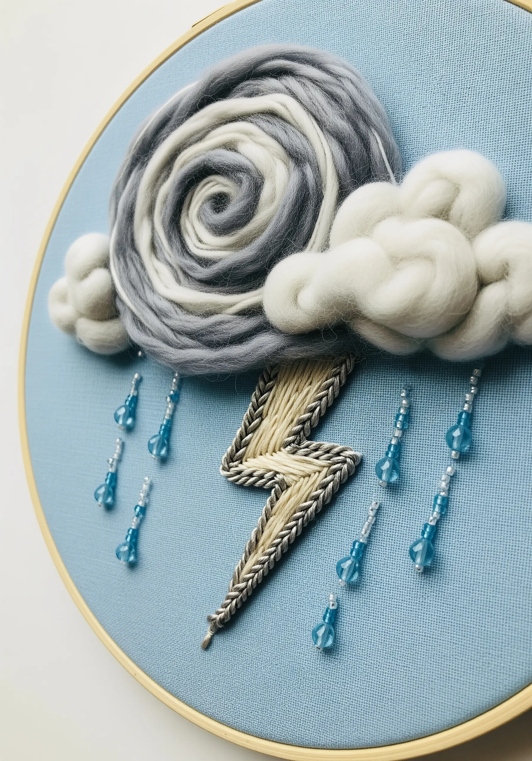 A storm cloud made of wool roving in a hoop, with a stitched lightning bolt and beaded rain.