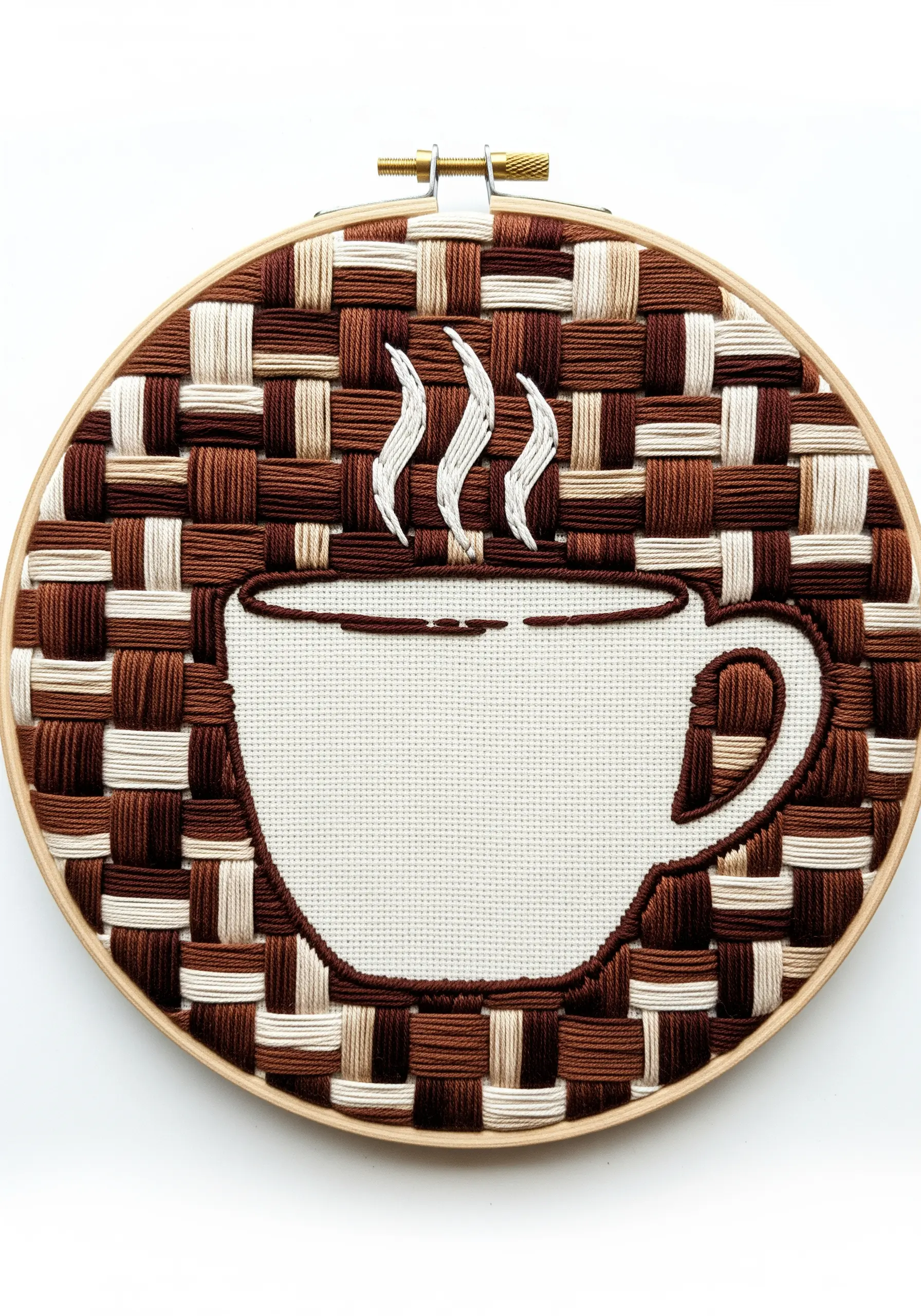 A coffee cup in negative space, outlined in dark brown against a woven background of brown and white threads.