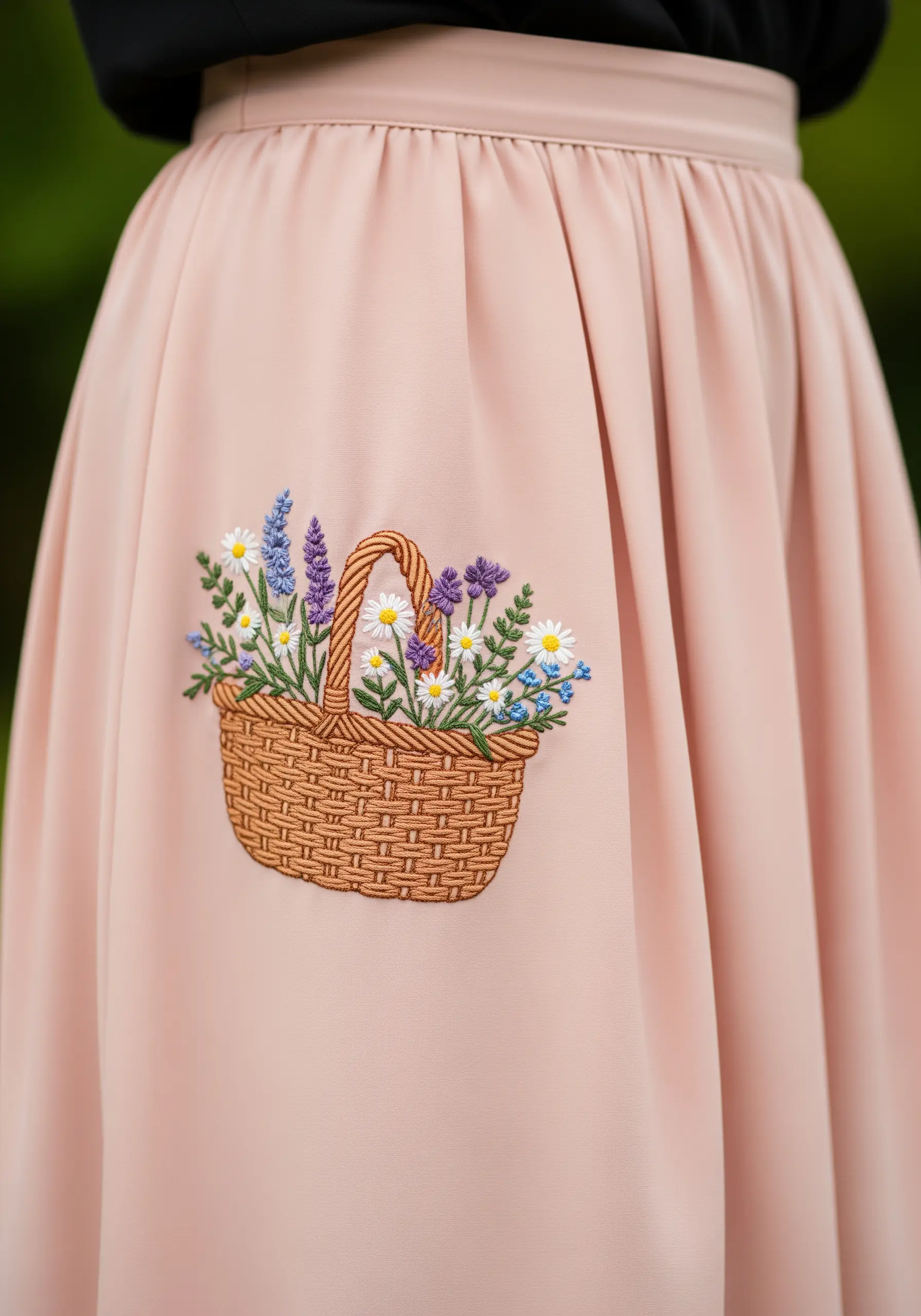 A detailed woven basket of wildflowers embroidered on the pocket of a pink skirt.