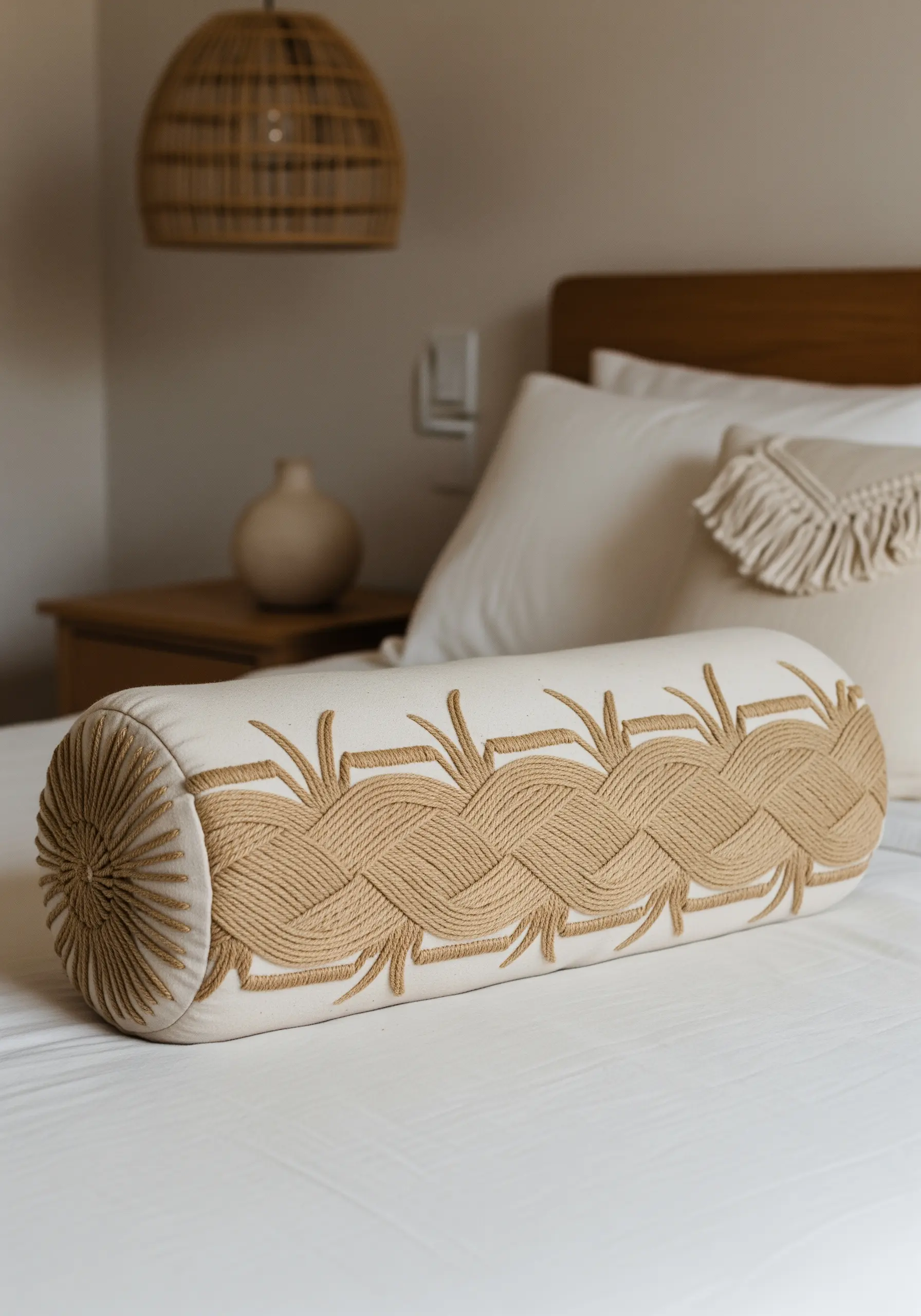 A bolster pillow with a chunky, braided pattern embroidered on it using a thick, natural-colored yarn.