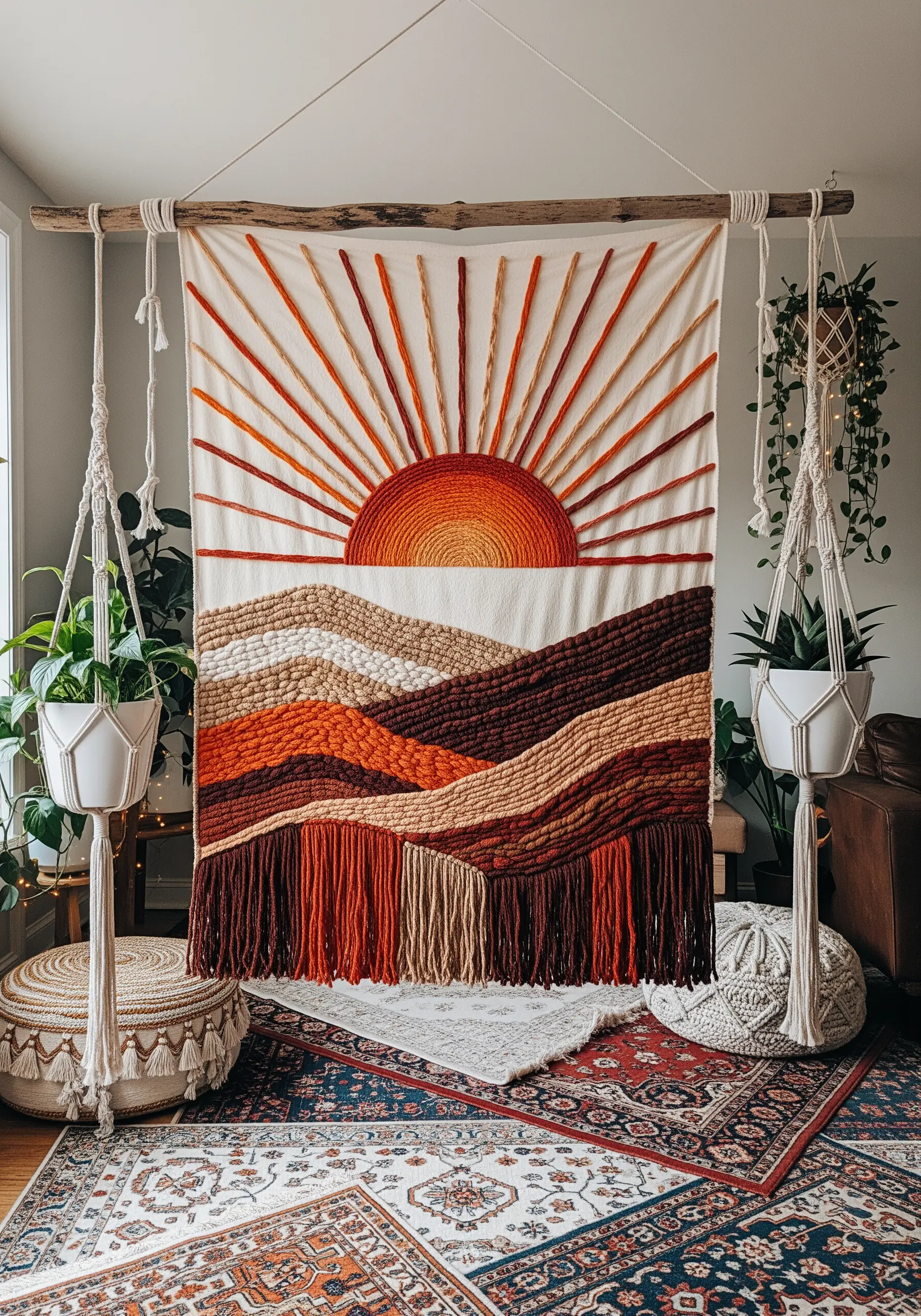 Large woven and embroidered wall hanging of a sunset over rolling hills in warm tones