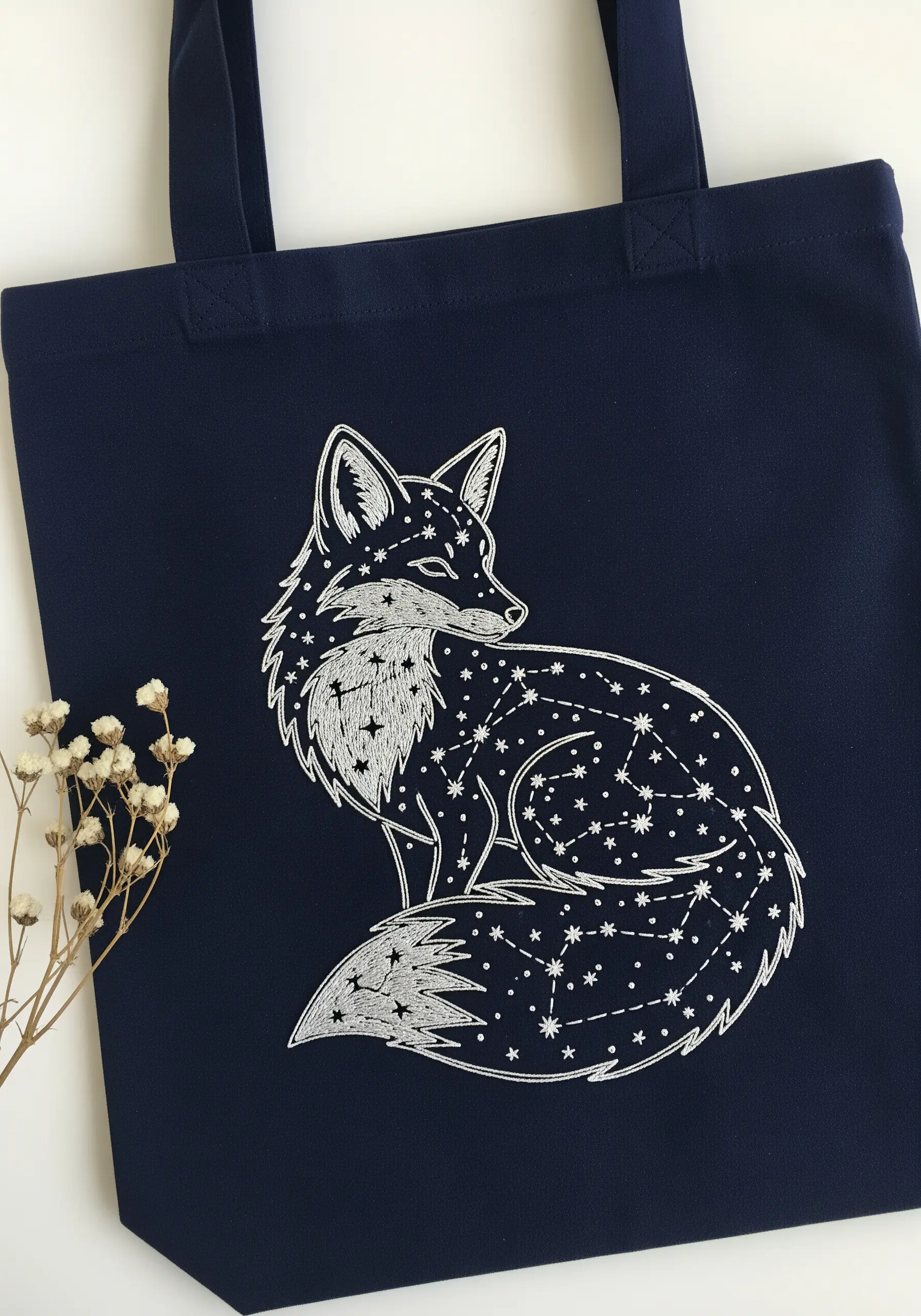 A celestial fox embroidered with white thread constellations on a navy blue tote bag.