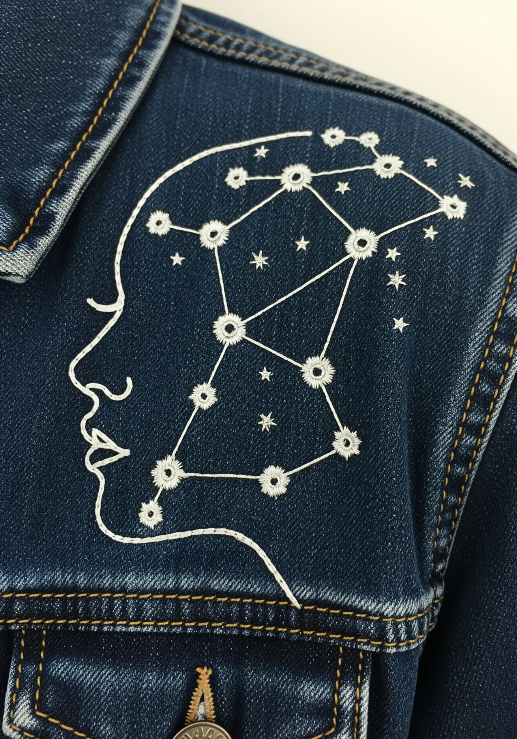 A constellation embroidered inside a line-art profile on the shoulder of a denim jacket.