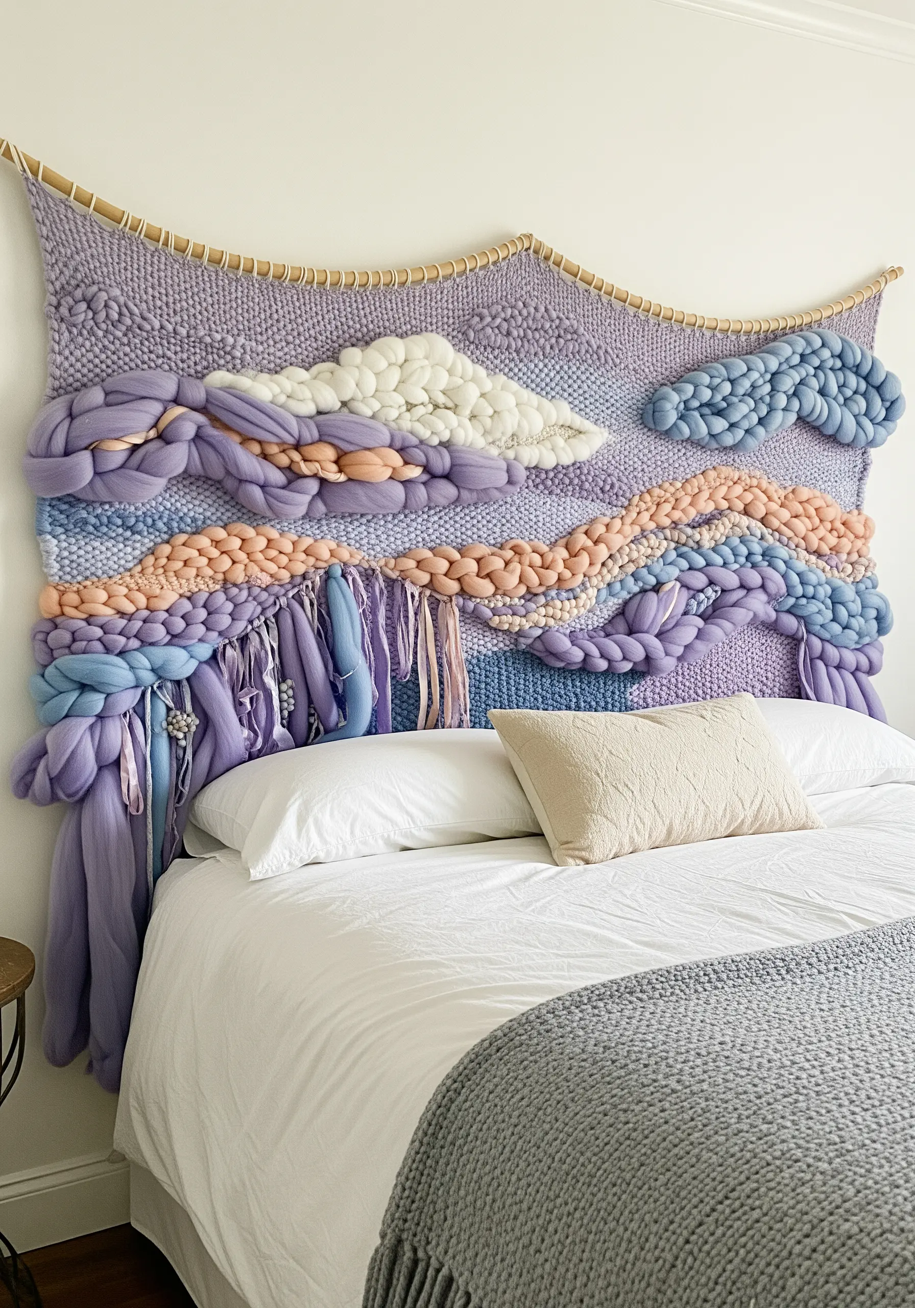 A large, hand-woven headboard made with chunky purple, pink, and blue yarn in cloud-like shapes.