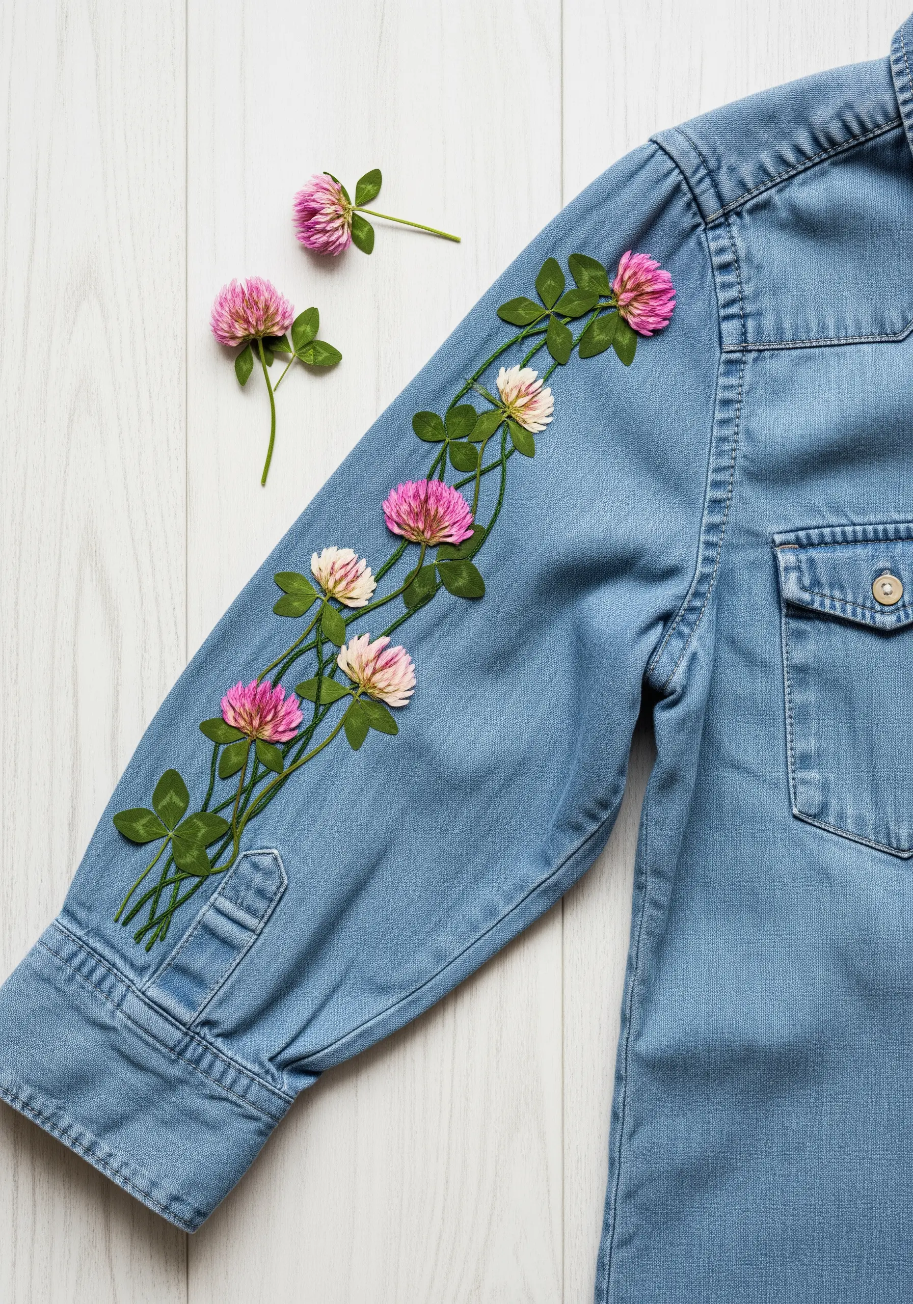 Pressed pink and white clover blossoms arranged along an embroidered vine on a denim shirt sleeve.