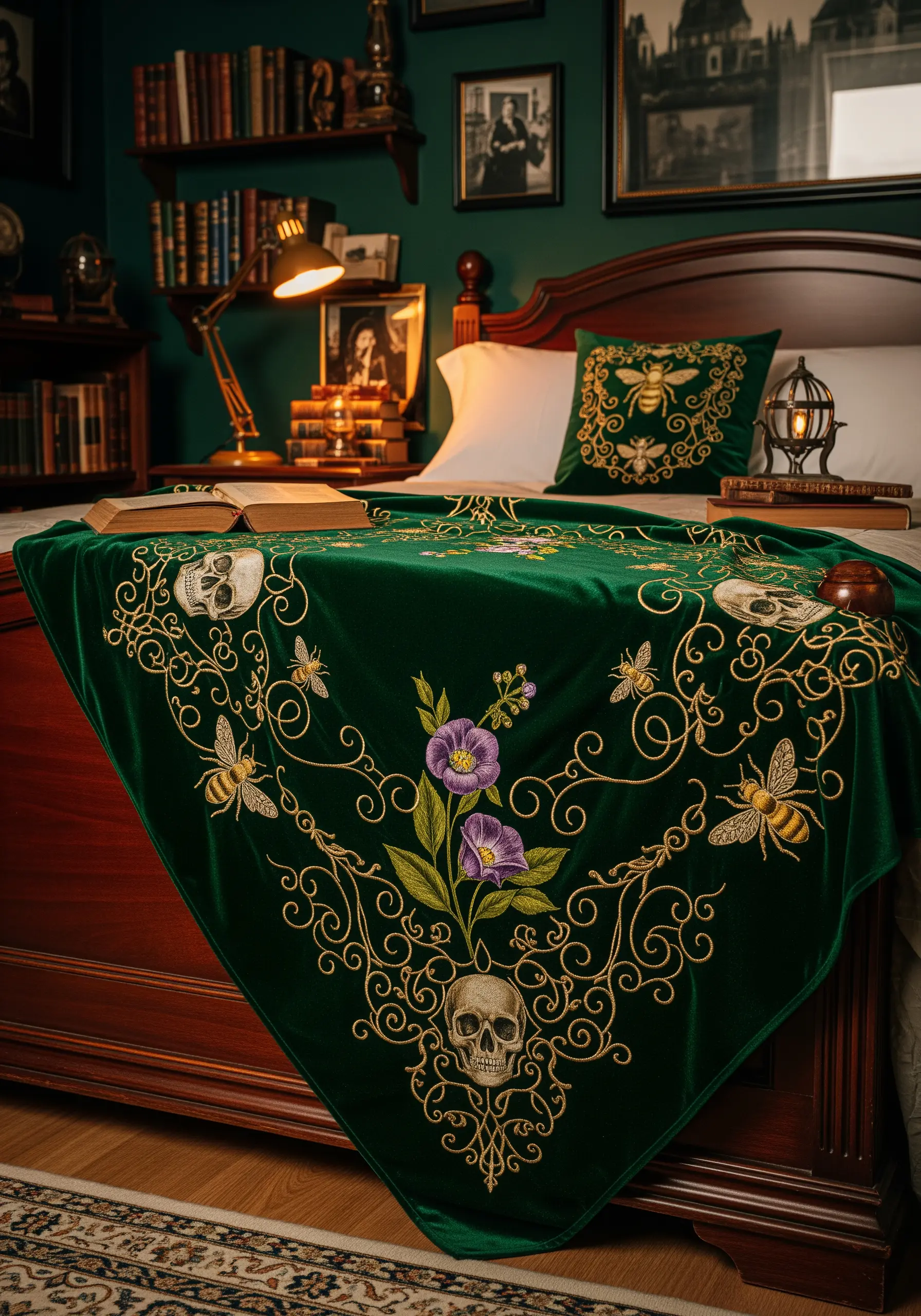 A dark green velvet bed runner embroidered with gold filigree, bees, flowers, and skulls.