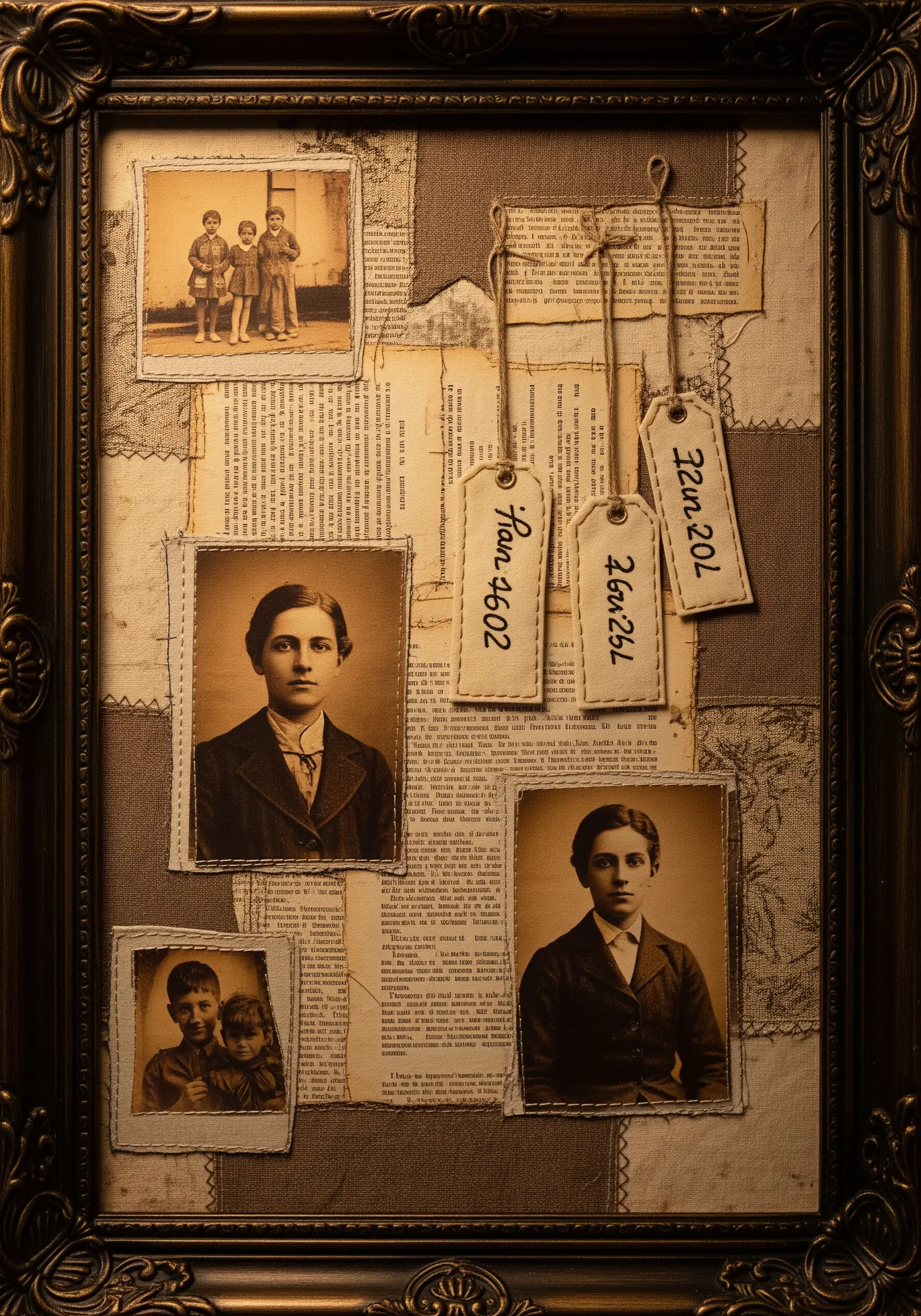 A framed collage of vintage sepia photographs, old paper, and fabric stitched together.