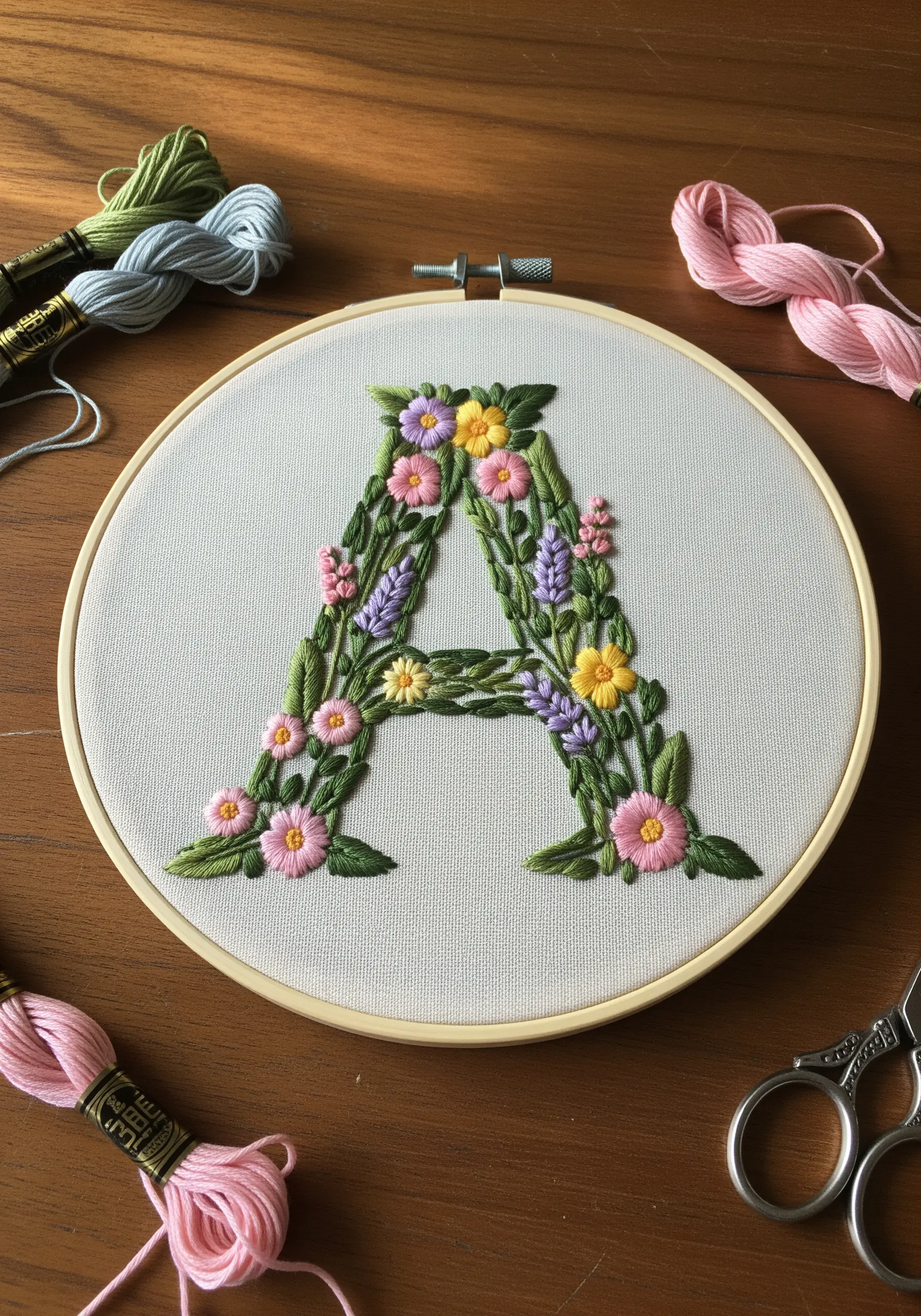 Embroidery hoop with the letter 'A' filled with intricate pink, yellow, and lavender flowers.