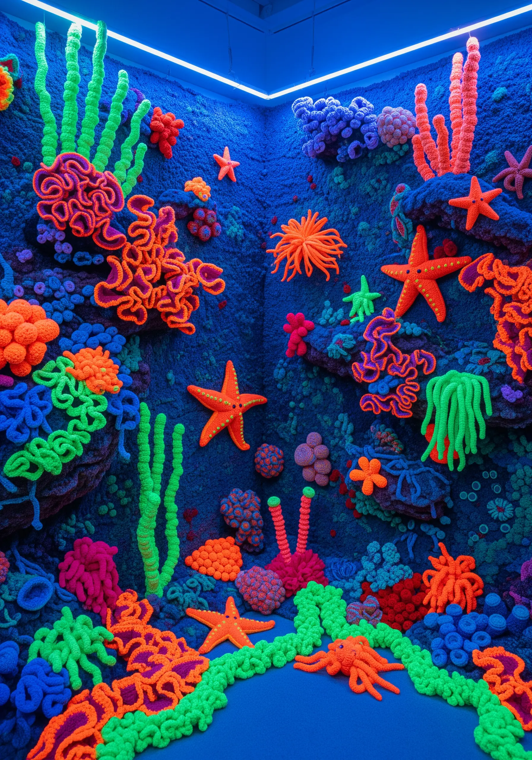A vibrant, immersive installation of a coral reef made from fluorescent crocheted yarn under blacklight.