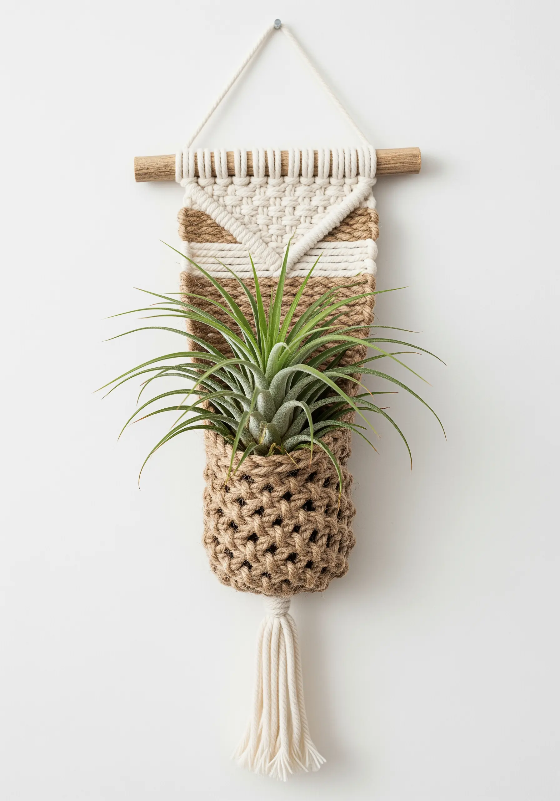 A small macrame and woven wall hanging in neutral tones with a jute pocket holding an air plant.