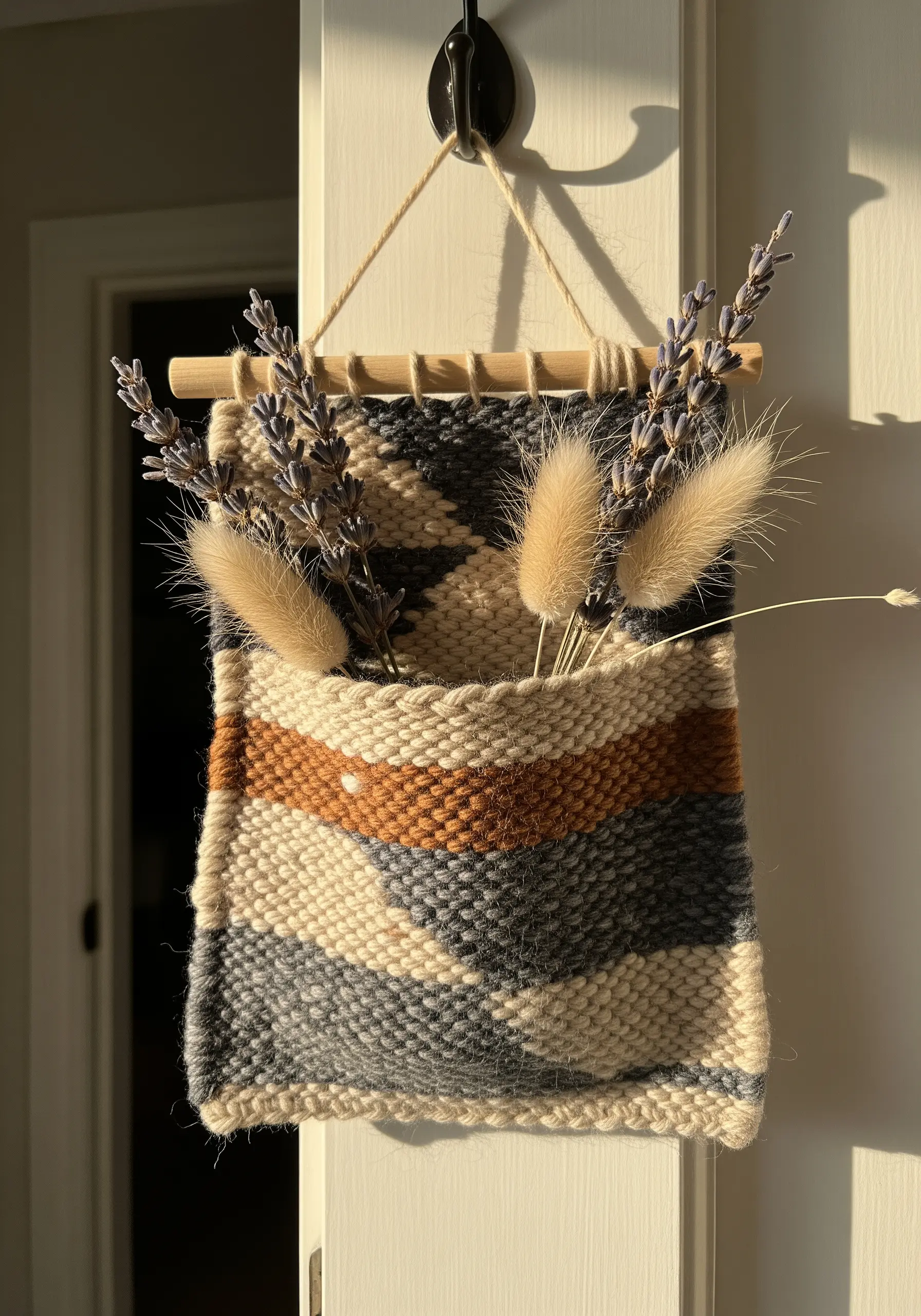 A small woven wall hanging with a pocket, holding dried lavender and grasses.
