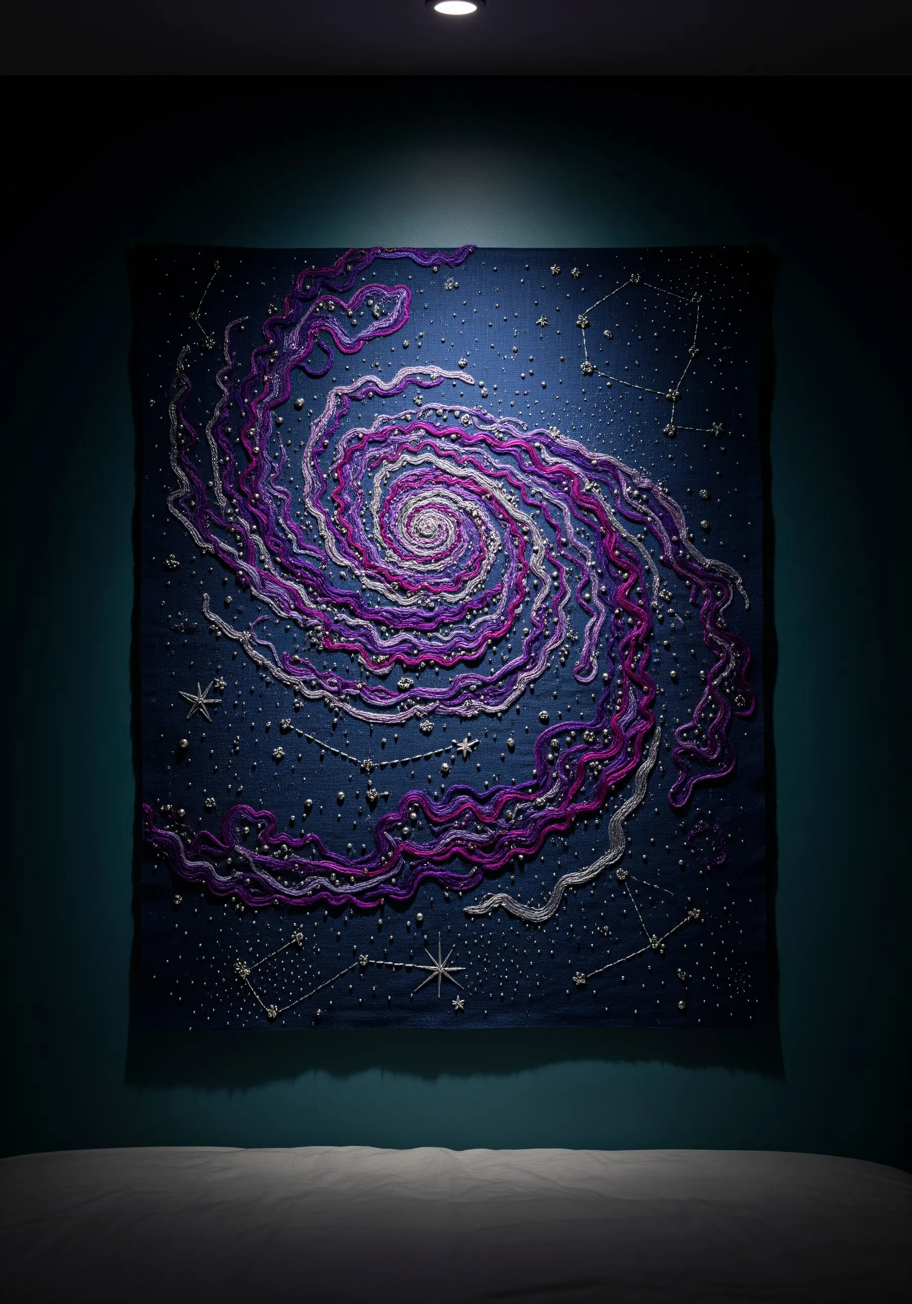 Embroidered wall tapestry of a purple and silver spiral galaxy on dark blue fabric, accented with beads.