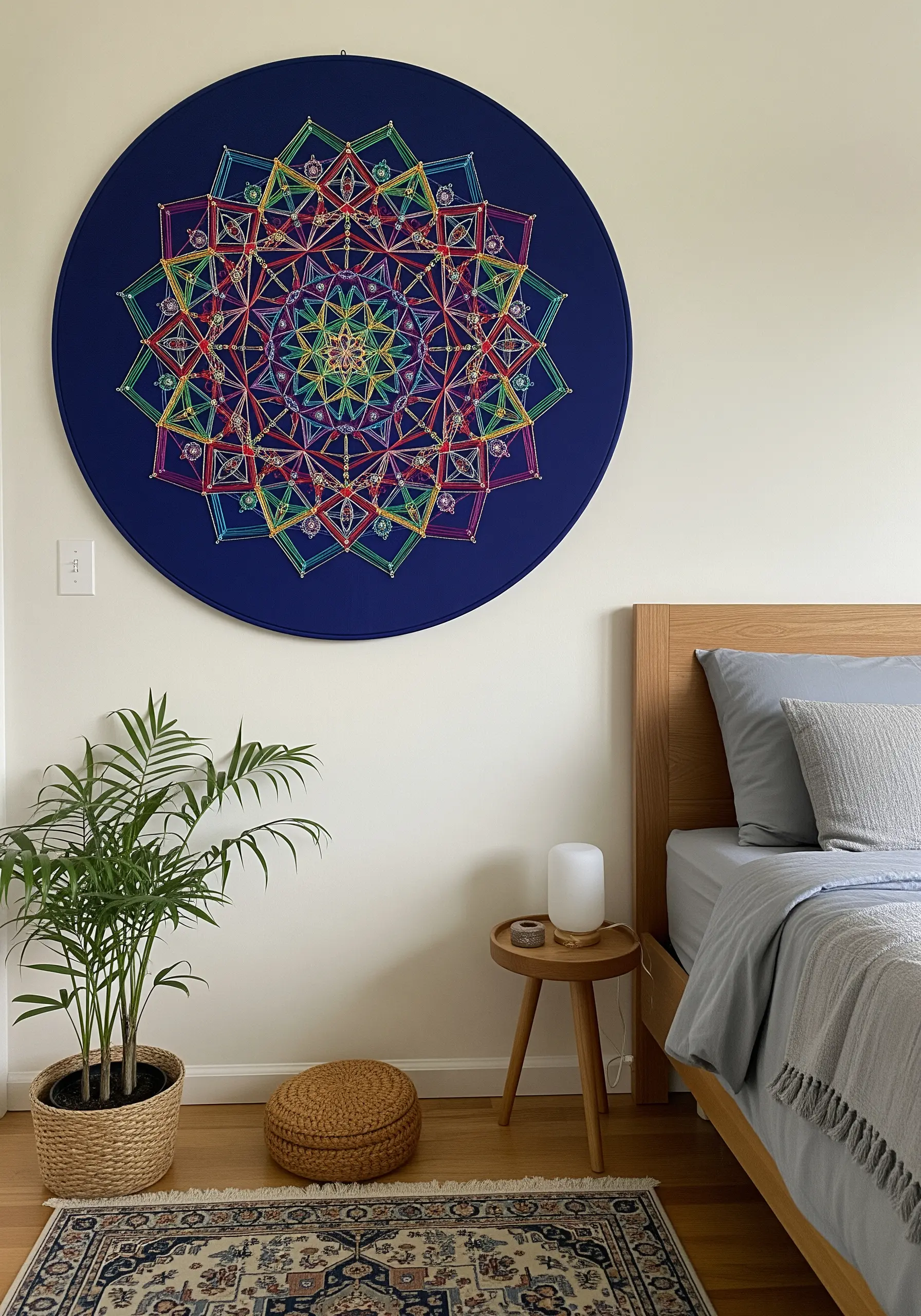 A large, geometric string art mandala with rainbow threads on a navy blue circular canvas.