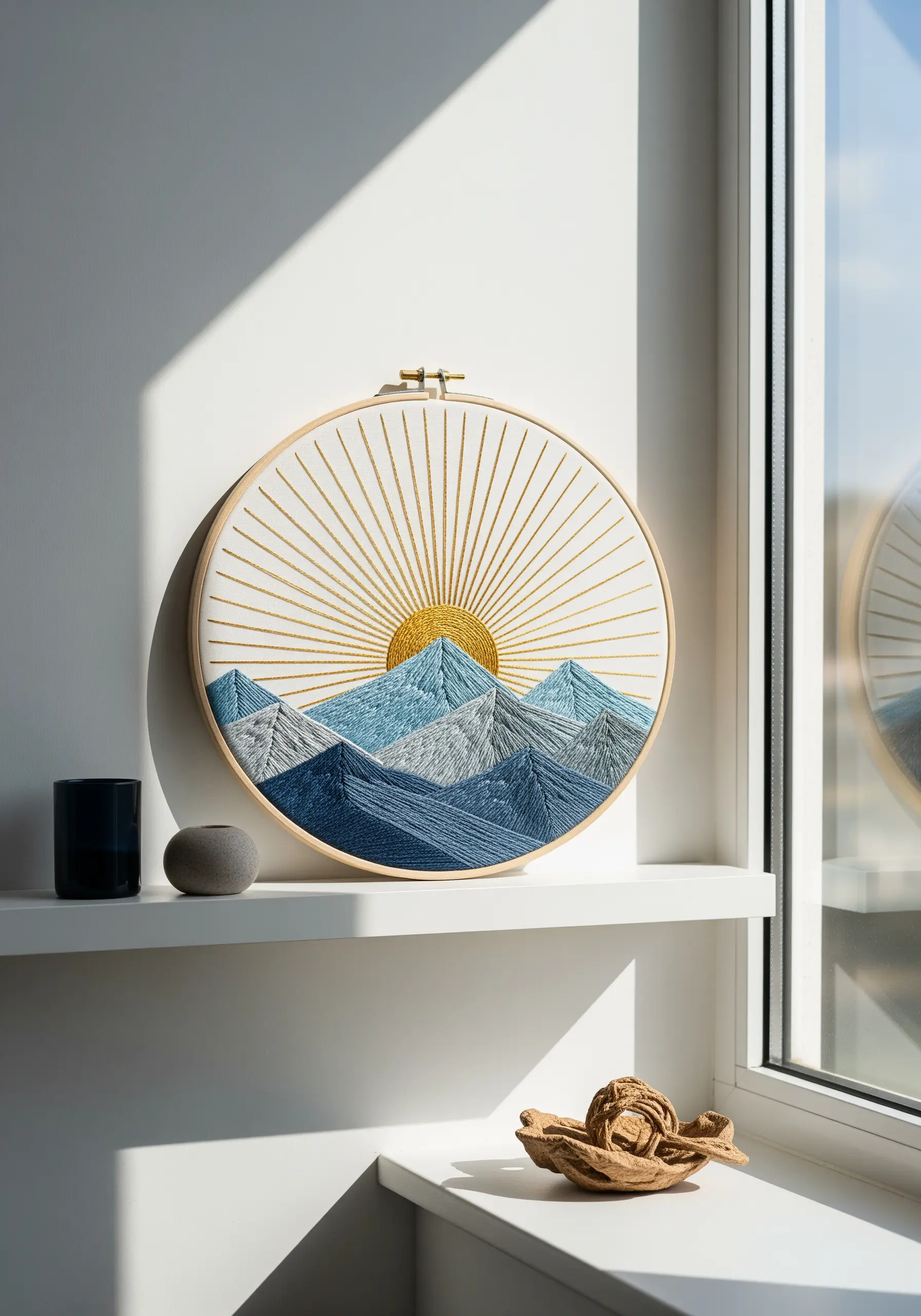 A modern embroidery of blue mountains with a gold geometric sun rising behind them.