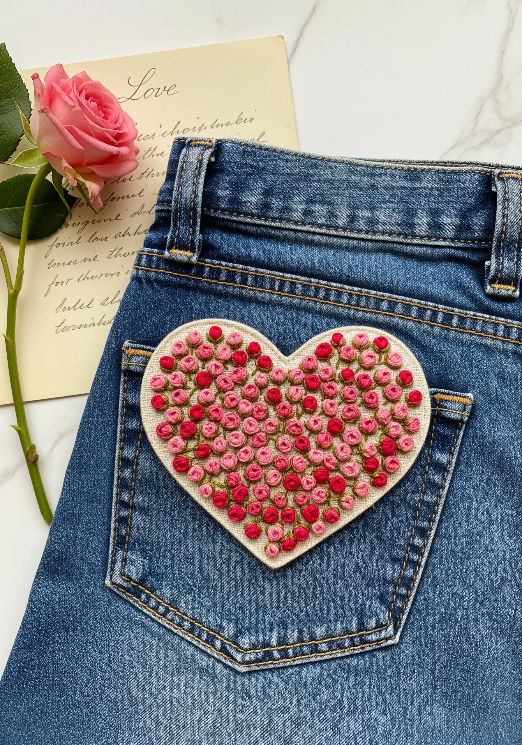 A heart-shaped patch filled with dozens of pink and red woven wheel roses on a denim pocket.